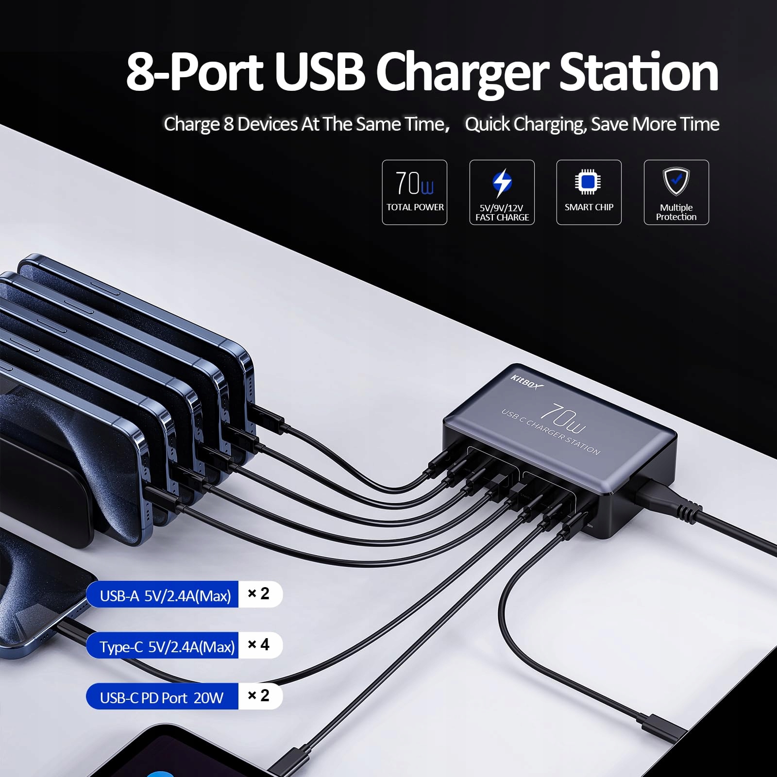 KITBOX Ładowarka USB C 8 Portów 70W Stacja Ładowania do iPhone iPad Android — miniatura 3