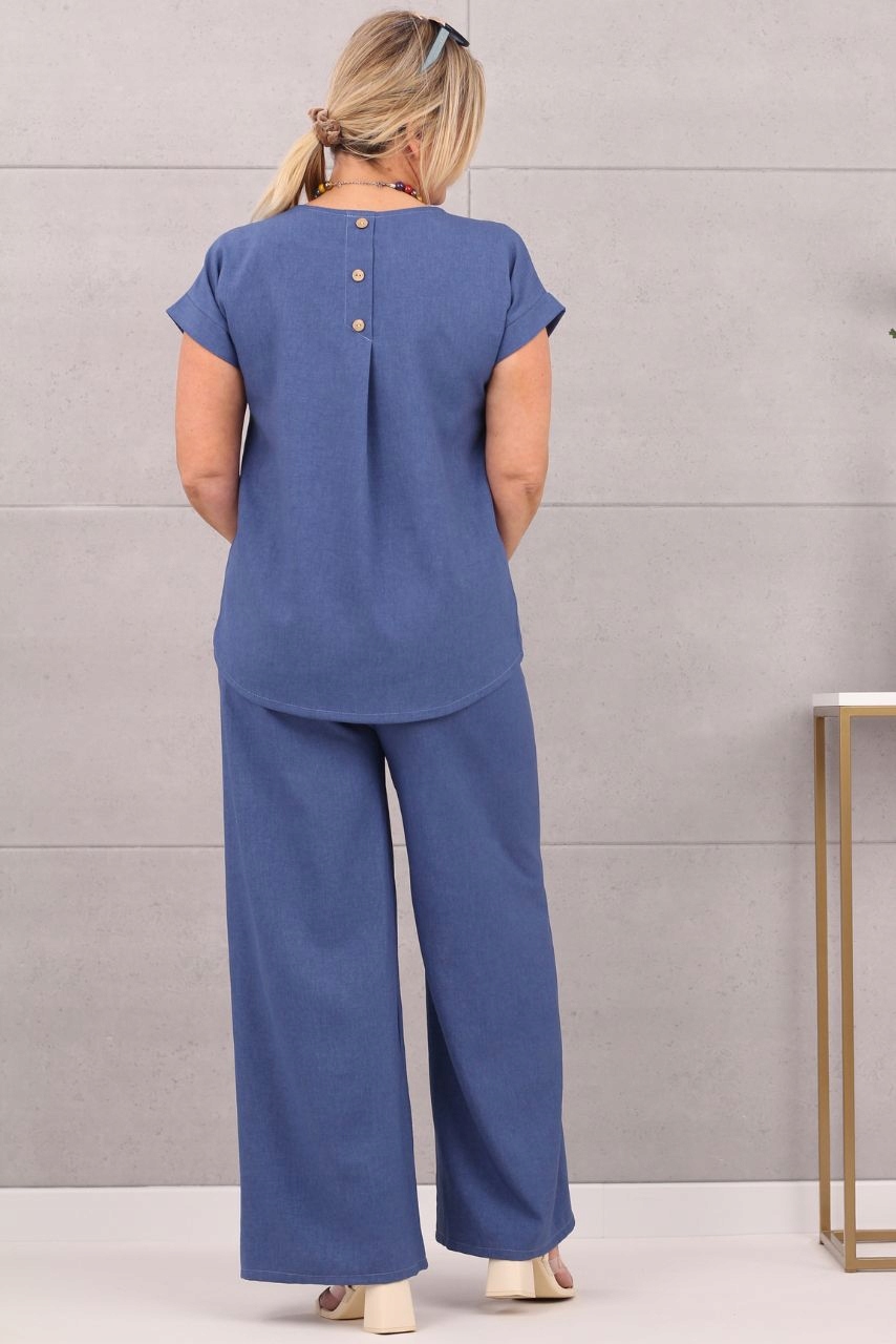 POLSKI Komplet lniany spodnie bluzka MODNY Kolor niebieski