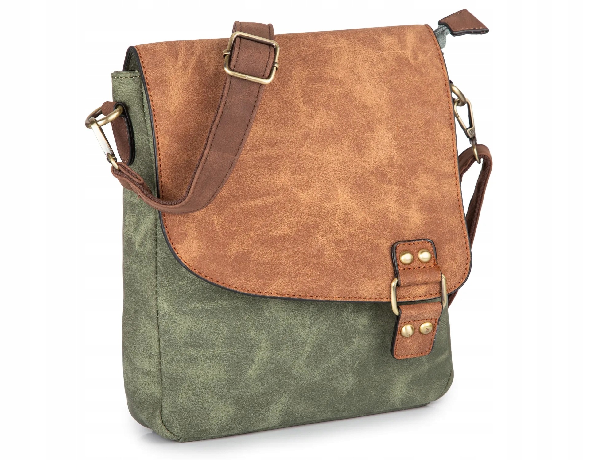 Dámská crossbody kabelka z ekokůže, zeleno-hnědá s klopou