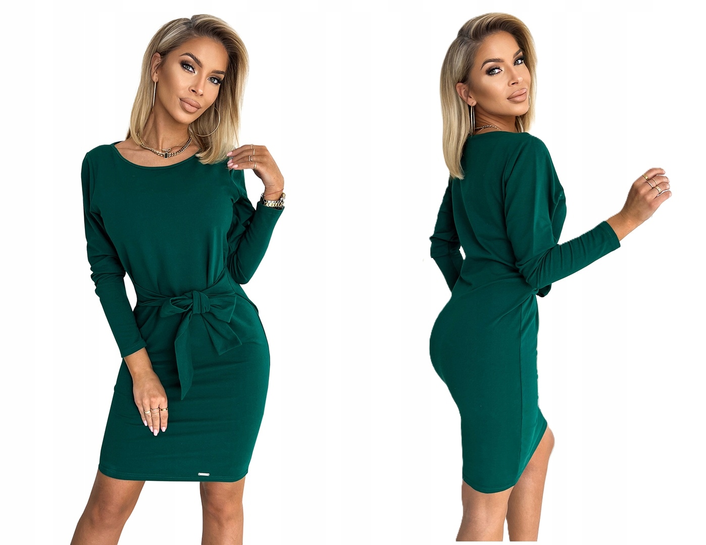 Jednoduché Bavlněné Šaty Se Zavazováním V Pase Lahvově Zelená Barva XL