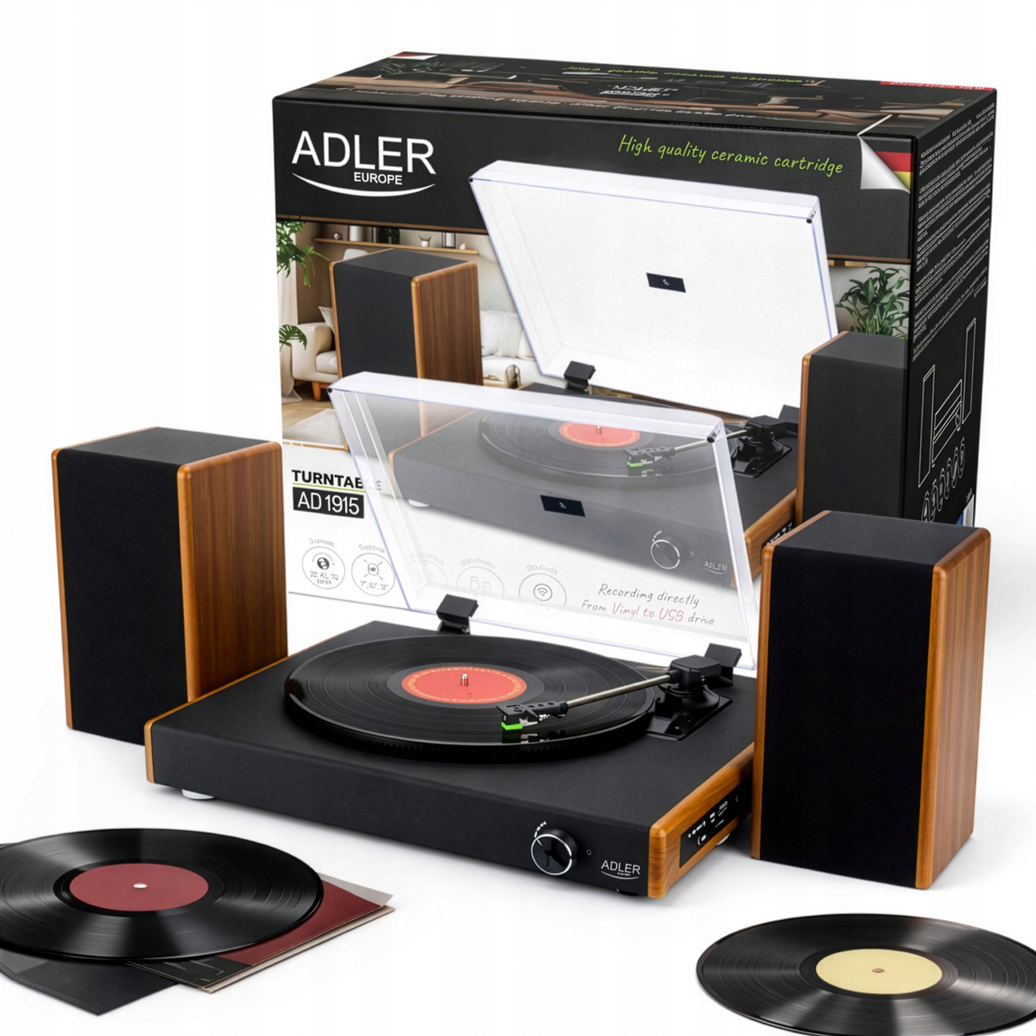 Gramofon Audio Czarny Bluetooth i Usb Retro z Głośnikami Bt Adler Ad 1915