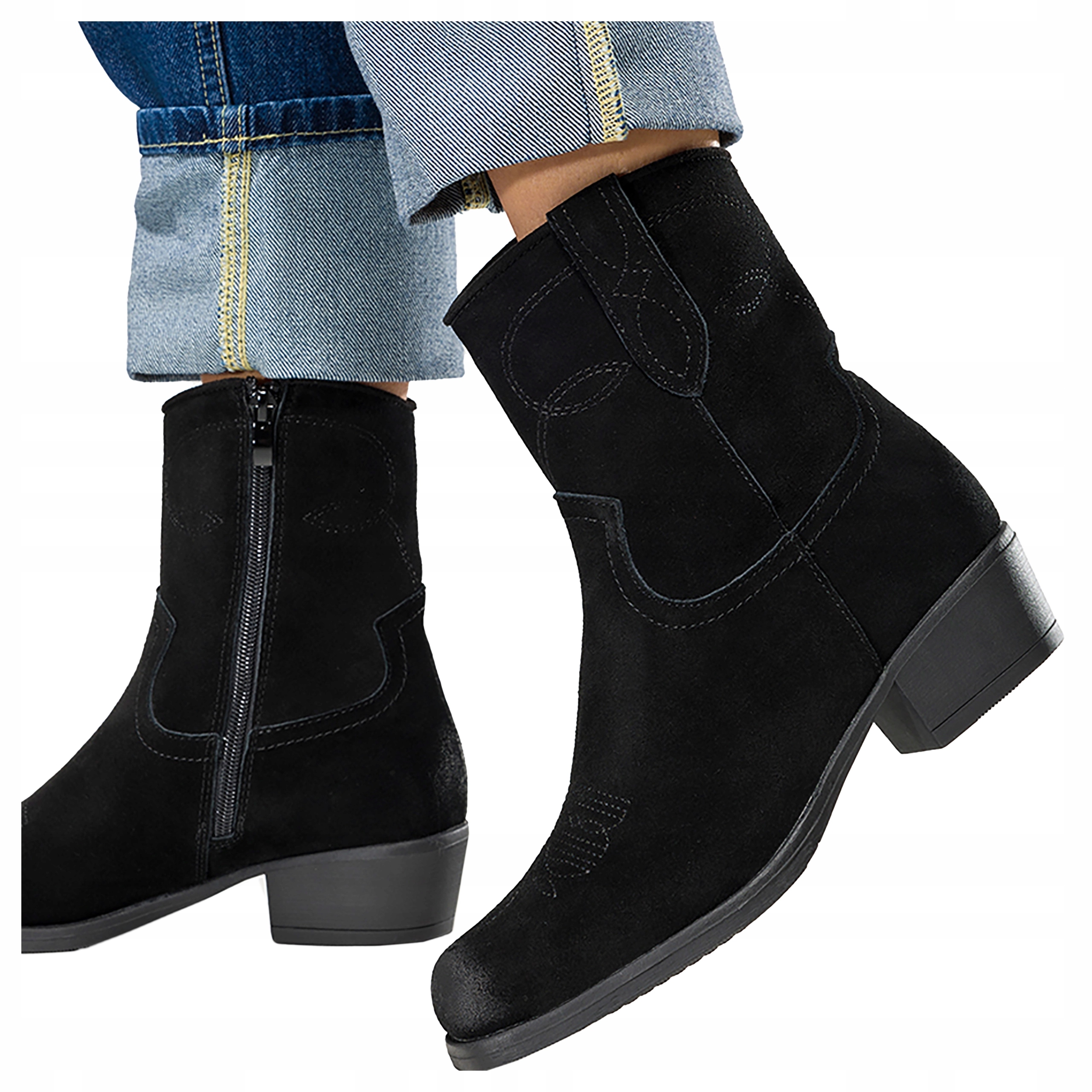 Dámské kožené Kotníkové Boty Kovbojské Boty Černé Nízký Podpatek Módní Prošívání vel. 40