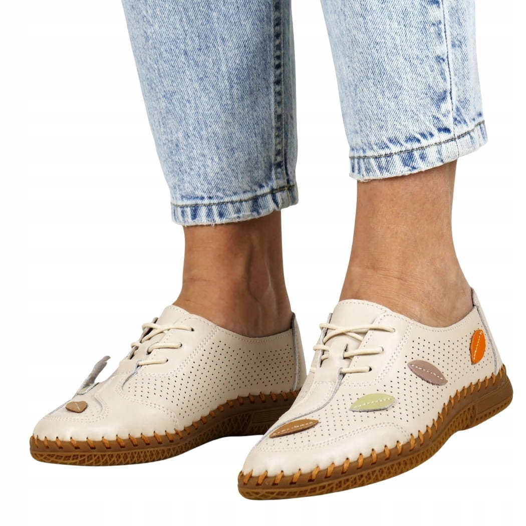 Dámské Šněrovací Kožené Polobotky Béžové Řady Comfort, Pohodlný Top 39