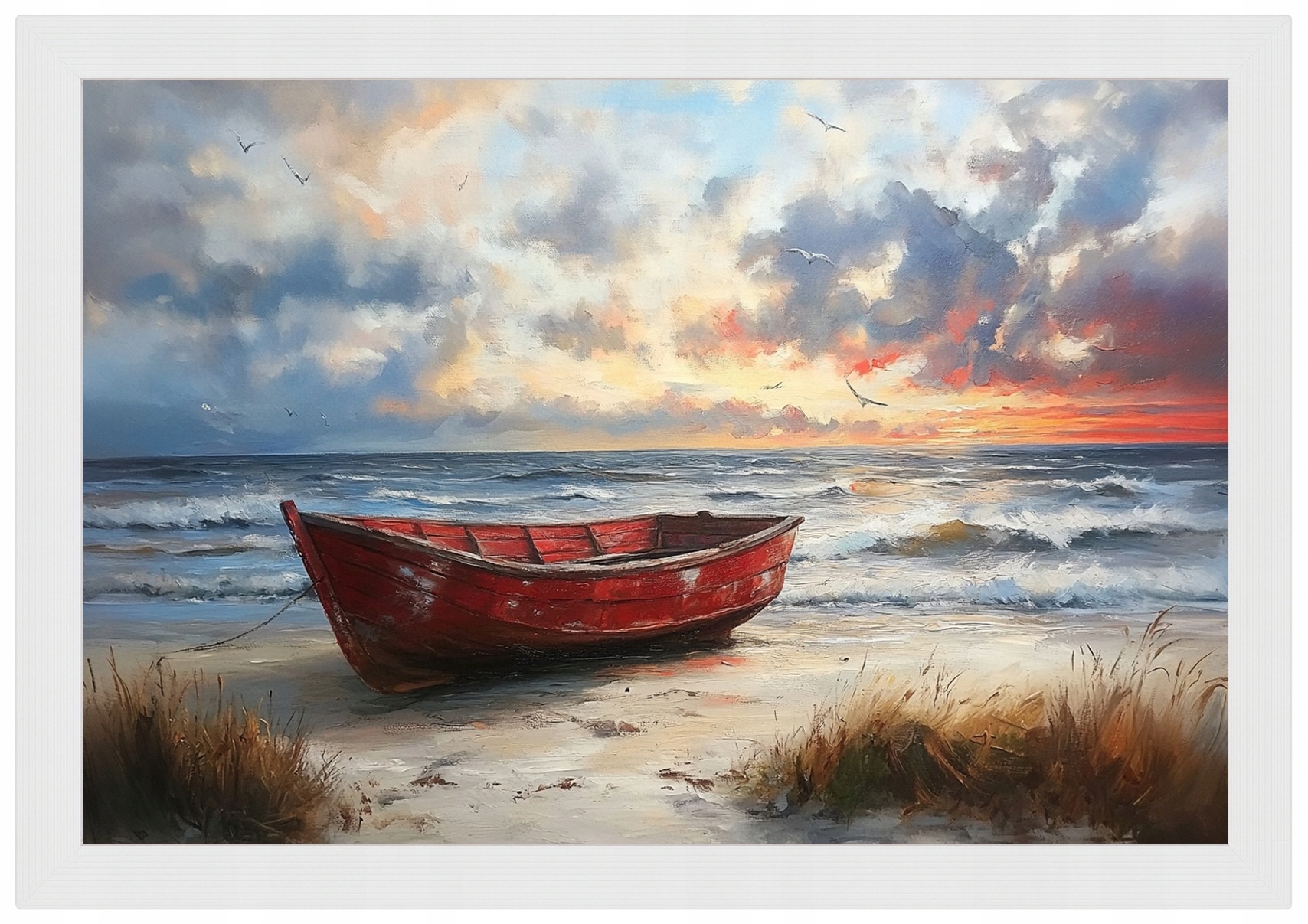 Plakát Rámeček Dřevo Červená Loď Pláž Západ Slunce Moře Léto 60x40