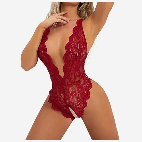 Sexy Červené Krajkové Body S Hlubokým Výstřihem, Noční Spodní Prádlo Hot M