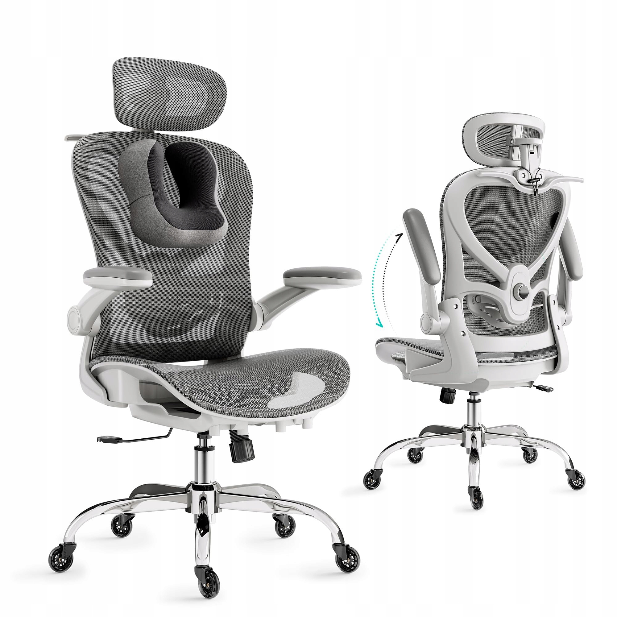 Ergonomická kancelárska stolička Šedá opierka hlavy 3D Bedrová opierka Mesh