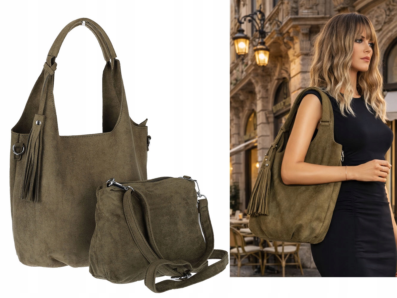 Dámská kabelka shopper taška semišová elegantní lehká módní taška 1789 Zelená