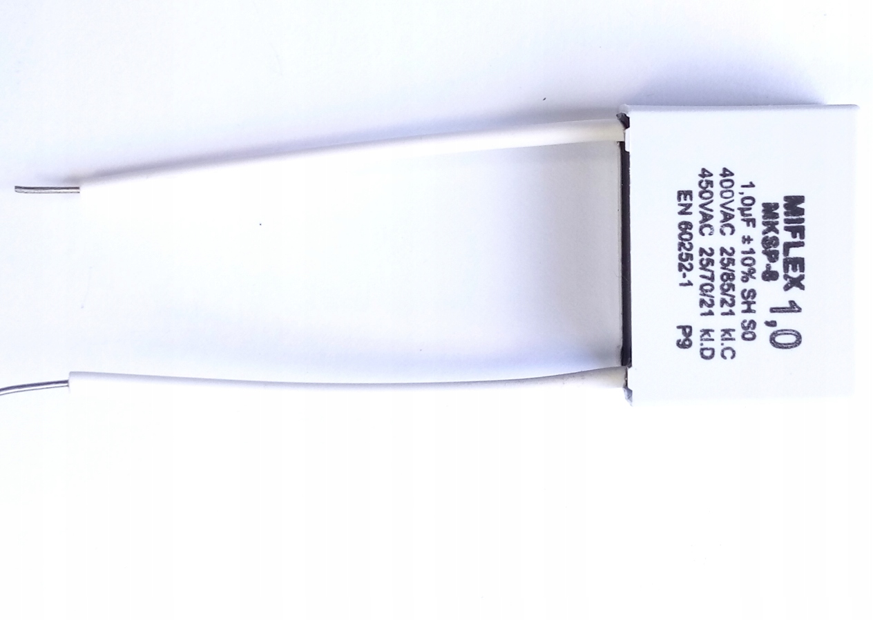 [1szt] Miflex MKSP-8 1uF 400VAC kondensator silnikowy dł. wyprowadzeń 65mm
