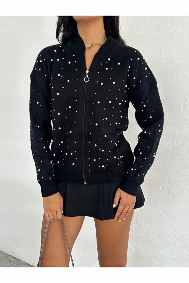 Černý Svetr Se Zipem A Perleťovými Kamínky Oversize 5IA