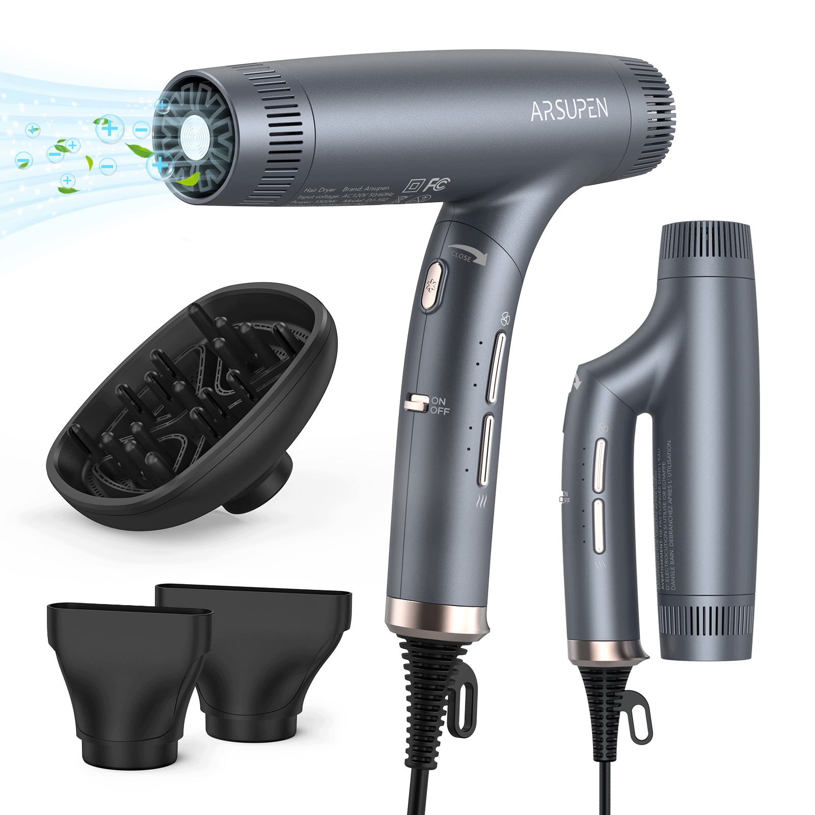 Fén na vlasy 1500W, skládací, magnetická tryska, 12 režimů, tichý