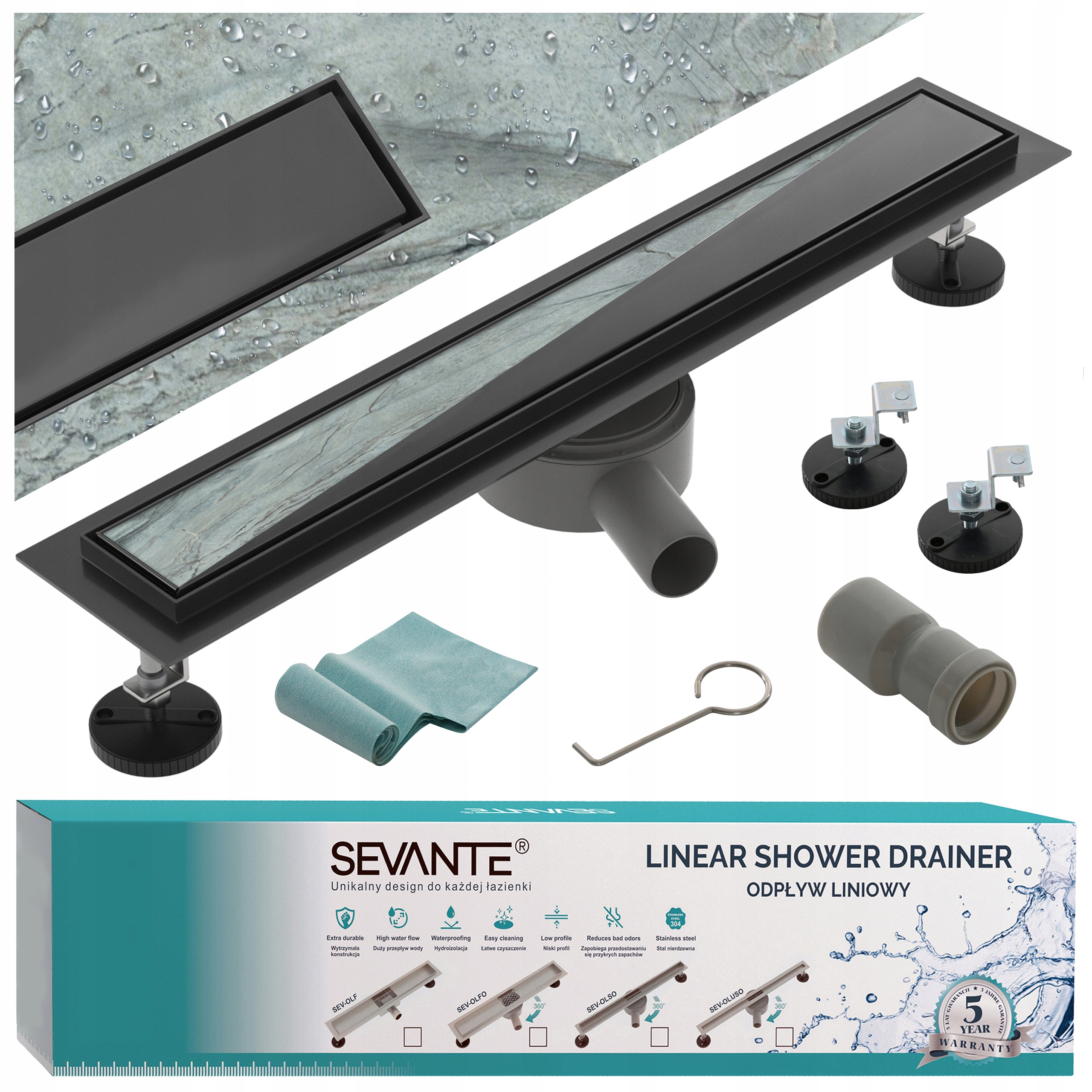 Lineárny odtok 100 cm Flat čierny otočný sifón nerezová oceľ 304 Sevante