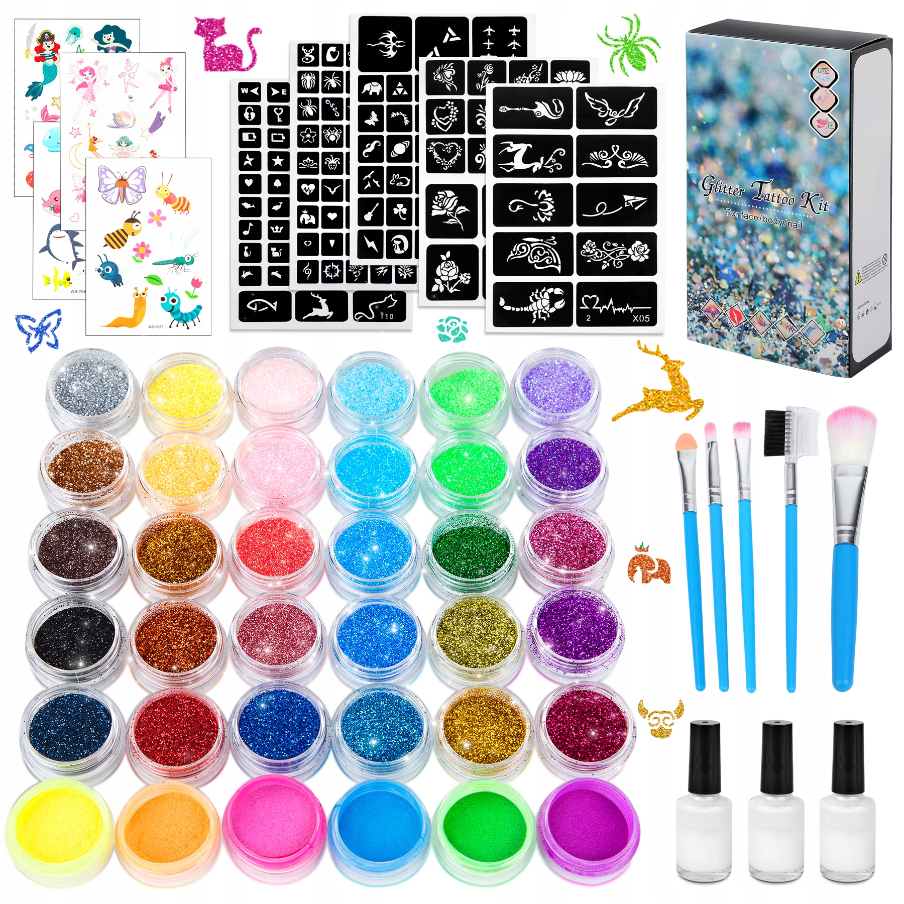 

Tatuaże brokatowe 187 szablonów 36 brokatów cekiny