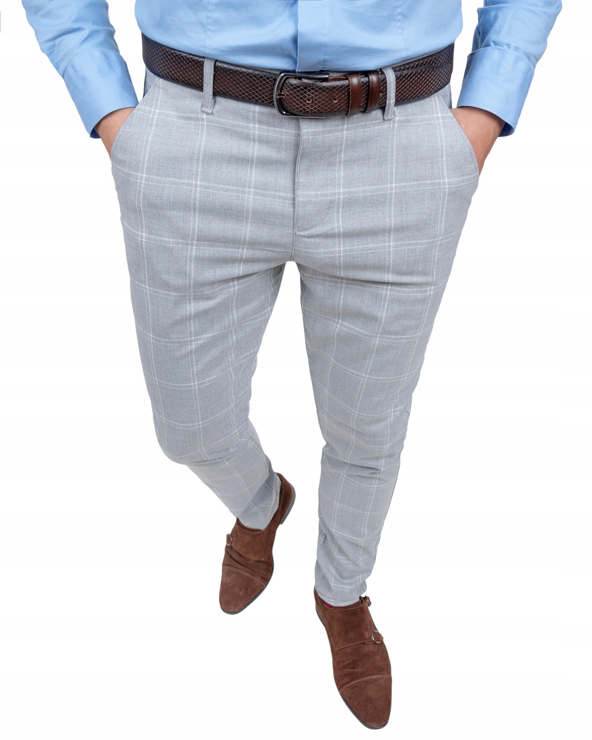 Eleganckie Spodnie w Kratę Męskie - Jasne Szare - 40 Marka inna
