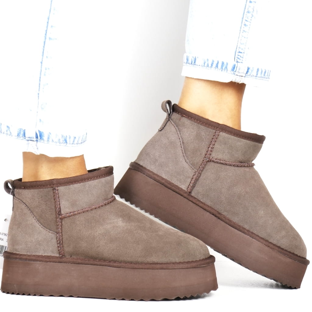 Dámské Sněhule Na Silné Podrážce, Kožené, Hnědé, Lehké