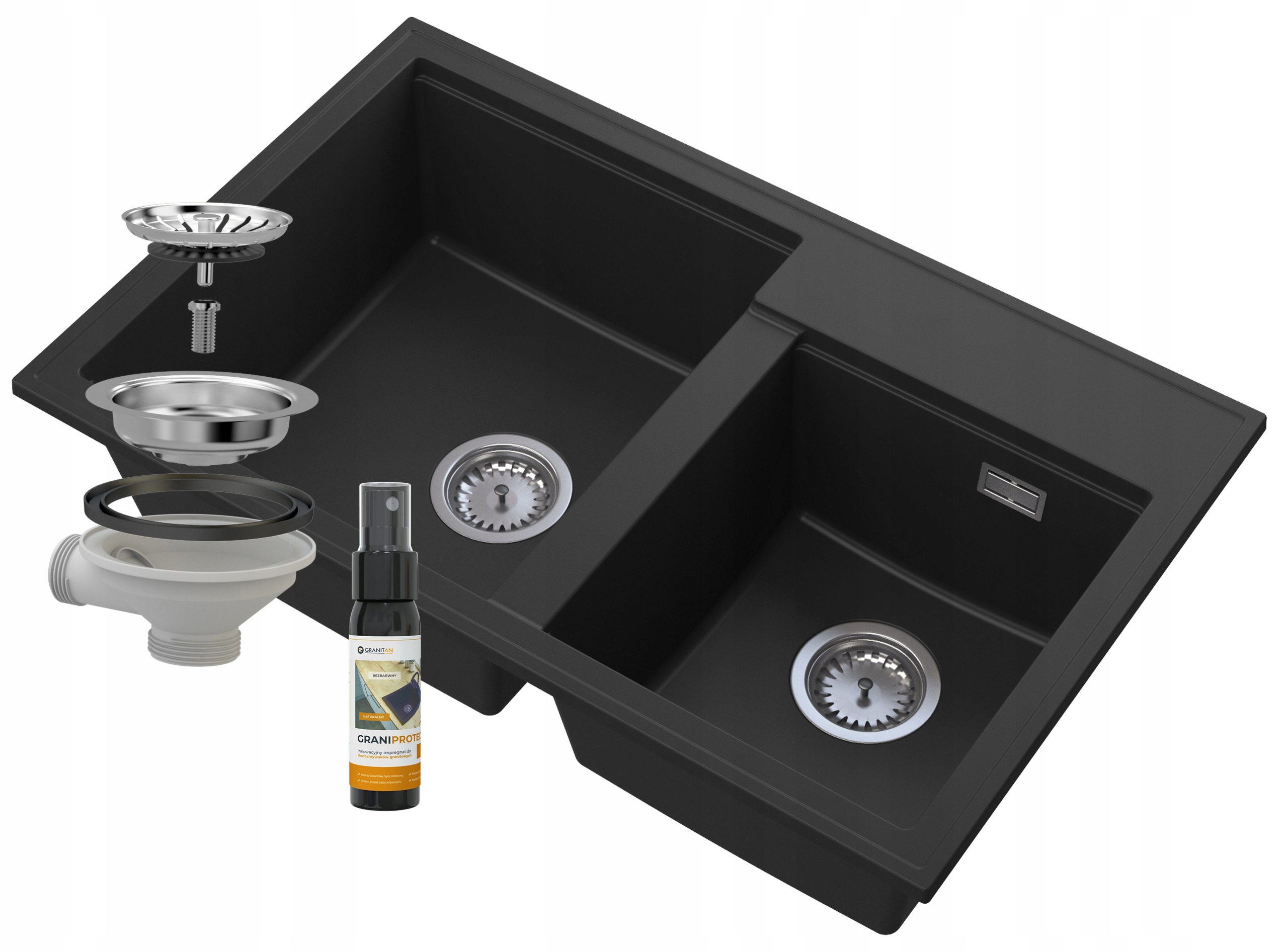 Granitový Drez 2 Komory Čierny Hektor Chróm