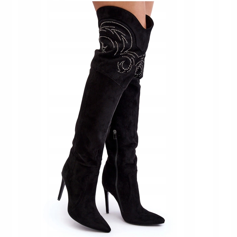 Dámské Eko Semišové Kozačky Za Koleno Zdobené Na Podpatku, Černé, Velikost 36