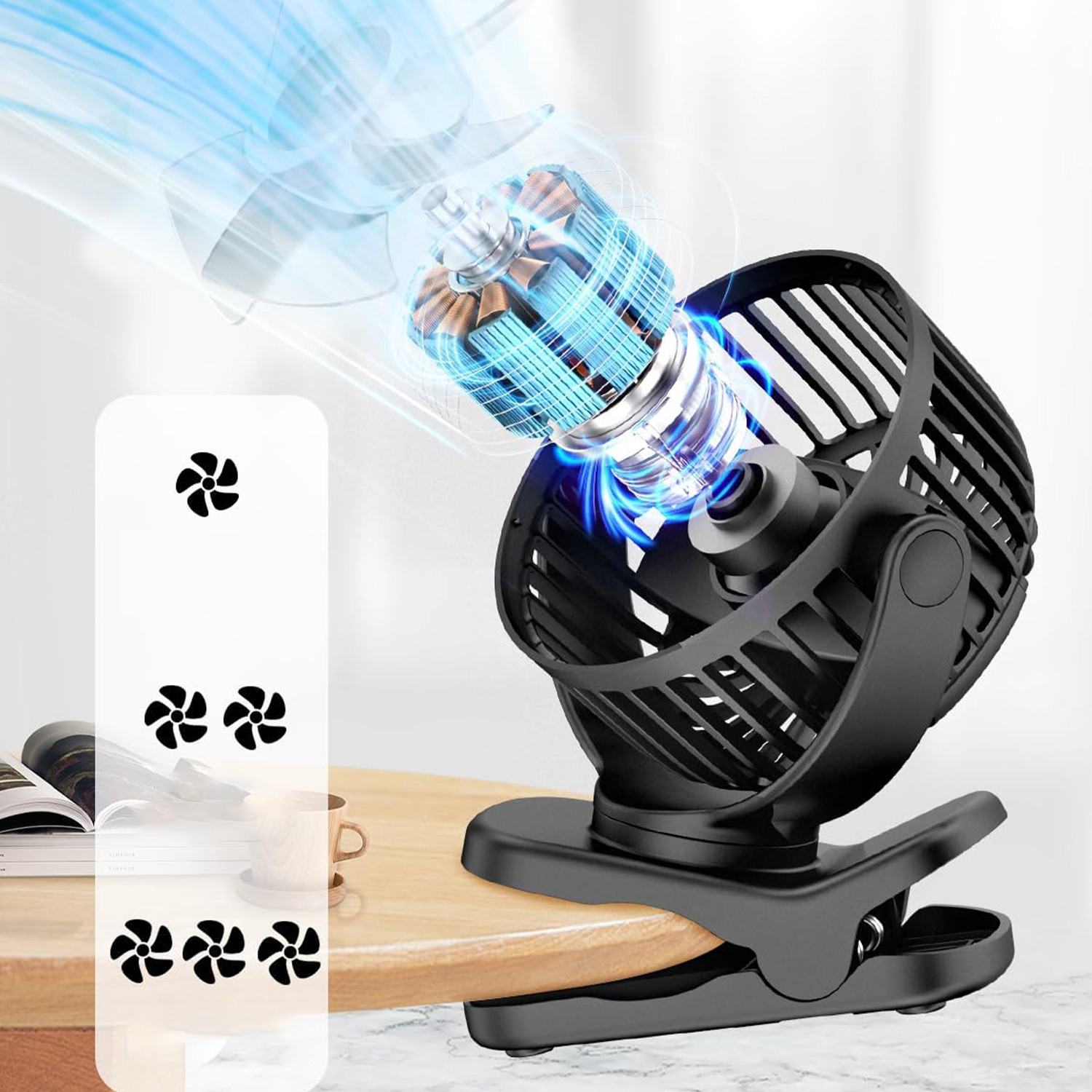 WENTYLATOR BIURKOWY WIATRAK BEZPRZEWODOWY STOJĄCY + KLIPS 2000MAH USB Moc 1 W