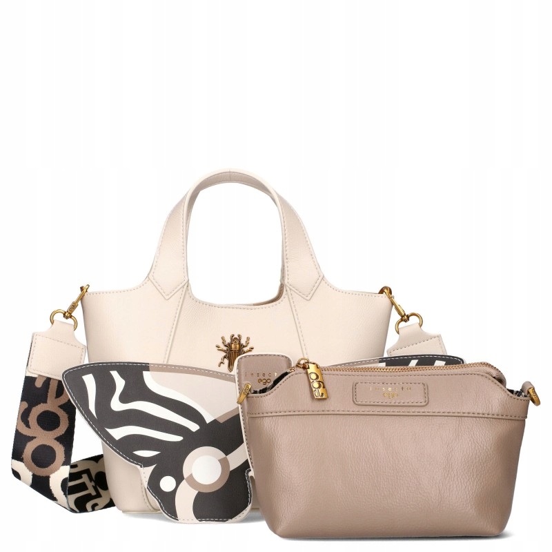 Ego 2w1 Torebka Damska Shopper Listonoszka Skóra Odpinany Motyl Beżowa
