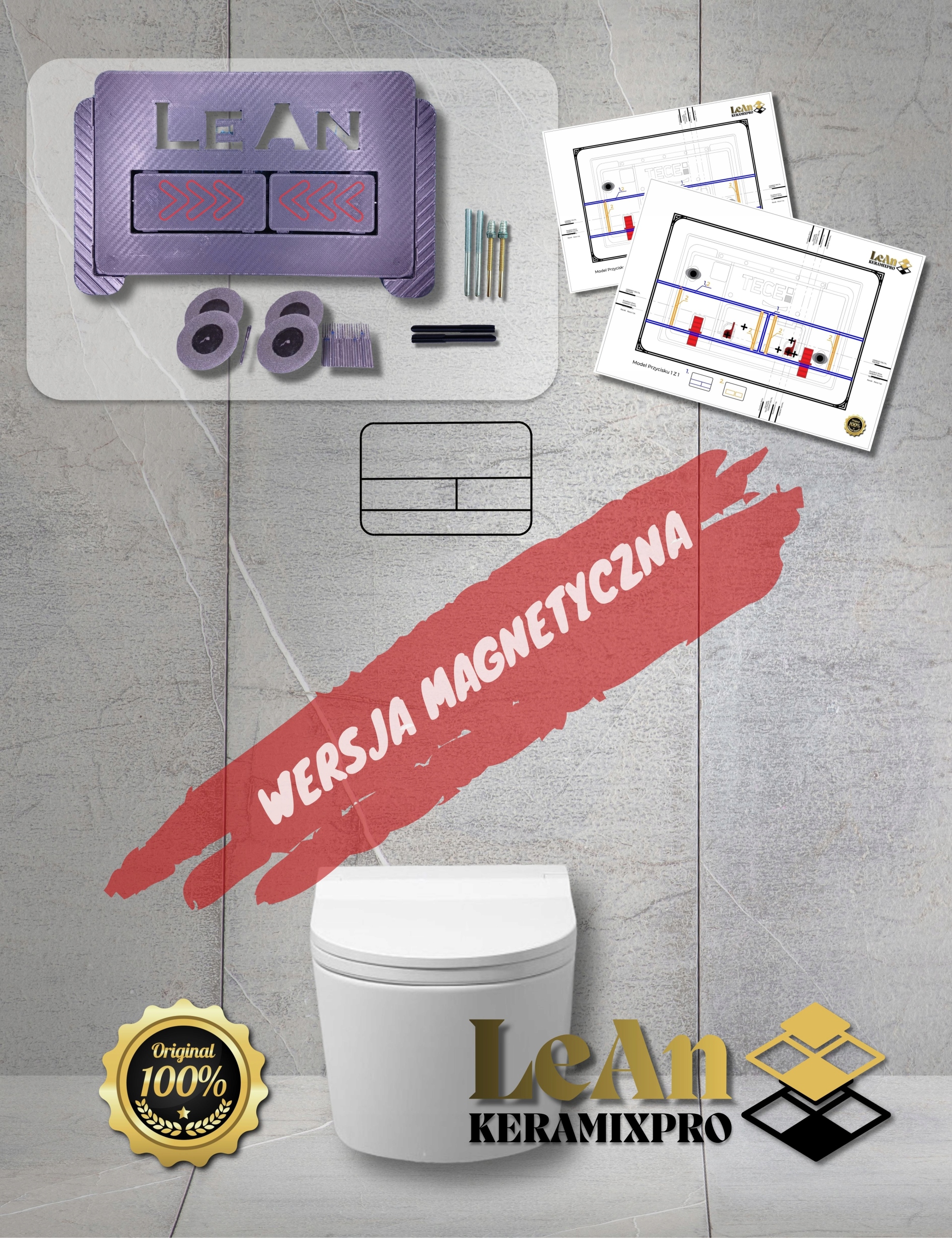 Skryté splachovací tlačítko úzké magnetické černé pro tmavé dlaždice