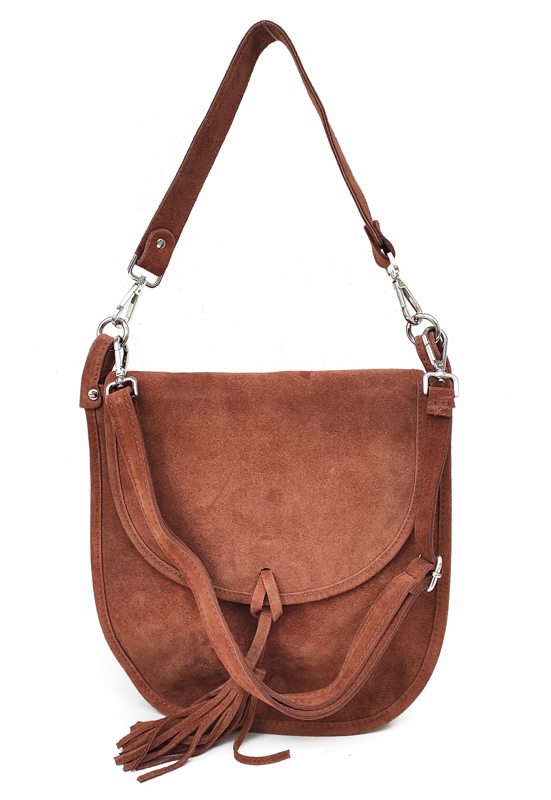 Semišová kabelka přes rameno, hnědá kabelka se střapcem vera pelle, camel