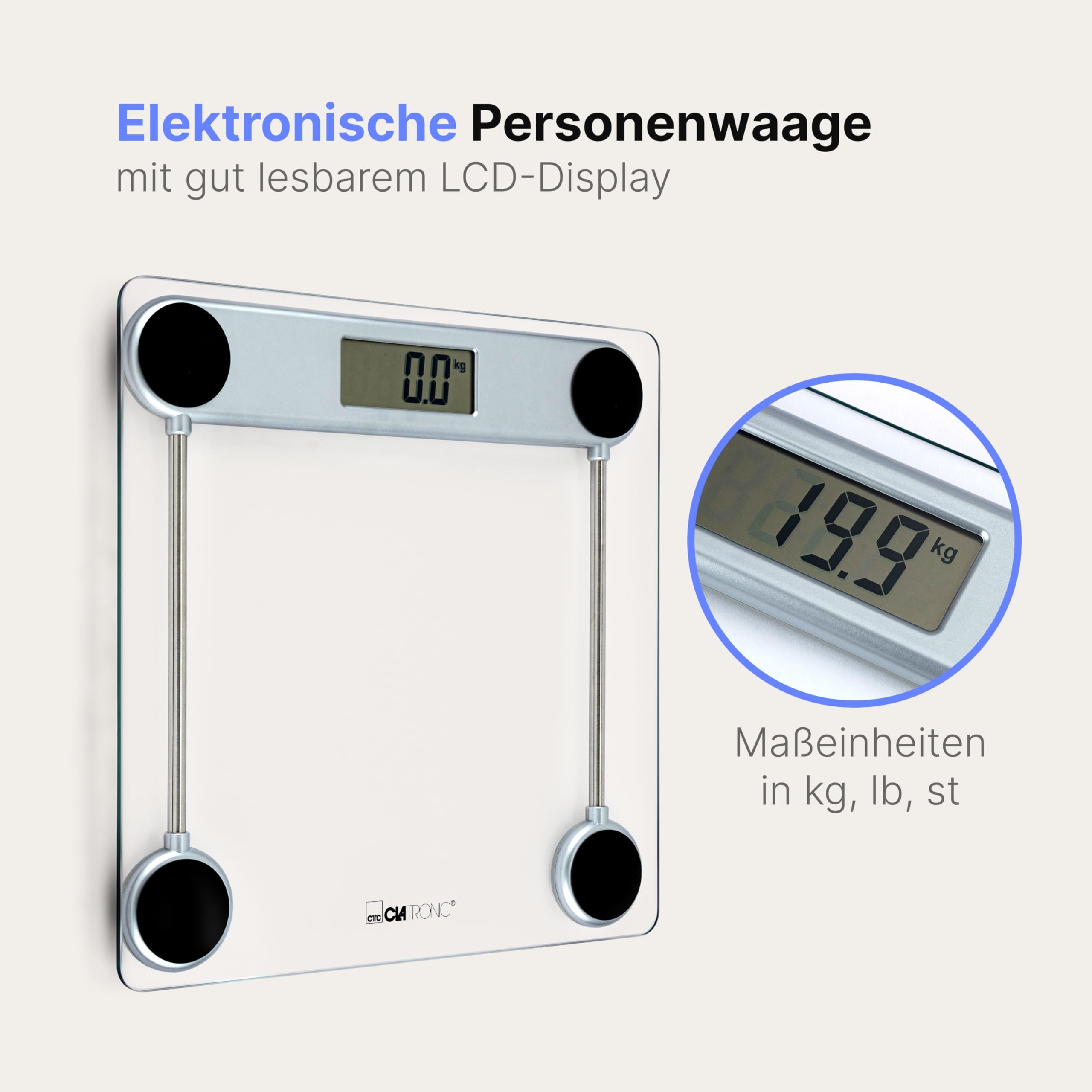 CLATRONIC Cyfrowa Waga Łazienkowa Szklana Powierzchnia LCD 25-150kg — miniatura 7
