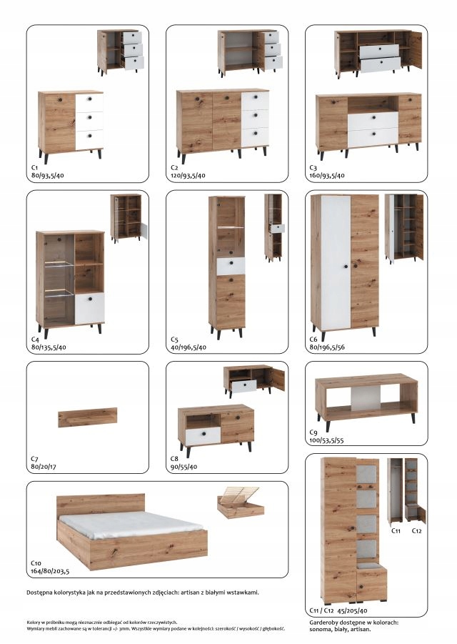 Komoda z szufladami C2 120 cm Dąb Artisan/Biały Szerokość mebla 120 cm