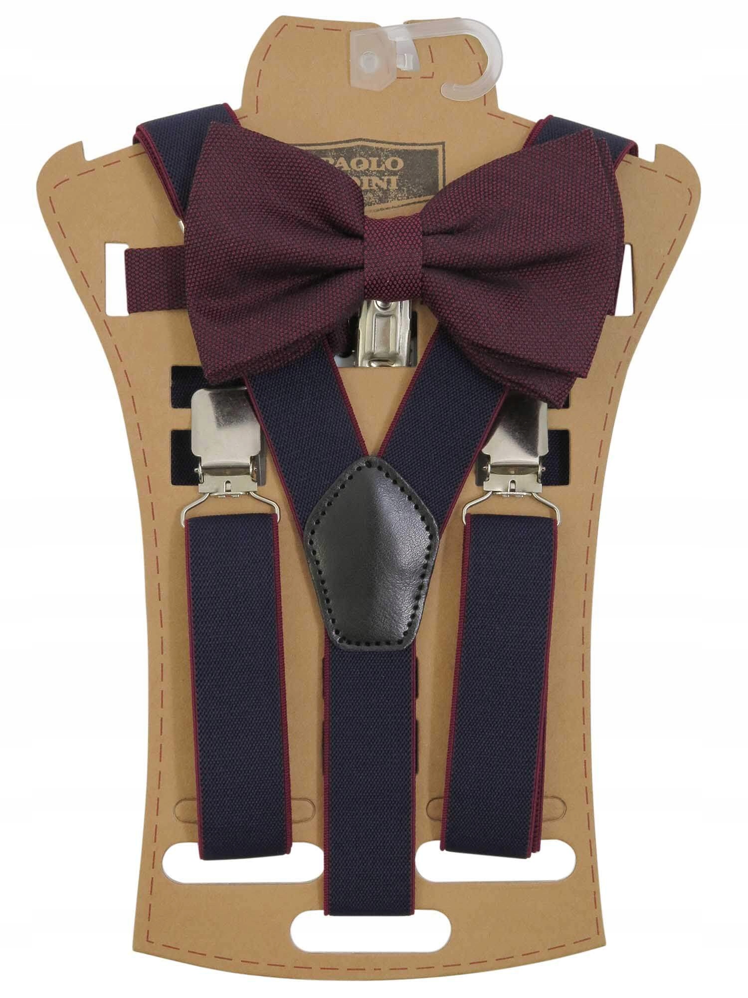 Granatowe szelki do spodni i bordowa mucha XM6