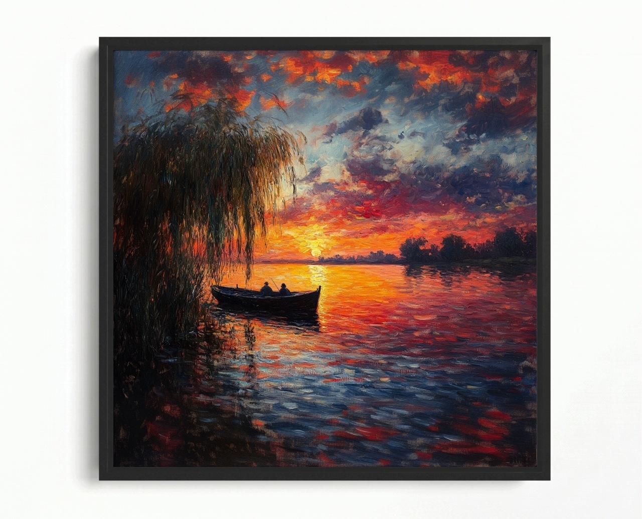 Obraz Rama American Box Krajina Jezero Loďka Rybář Slunce Západ 40x40
