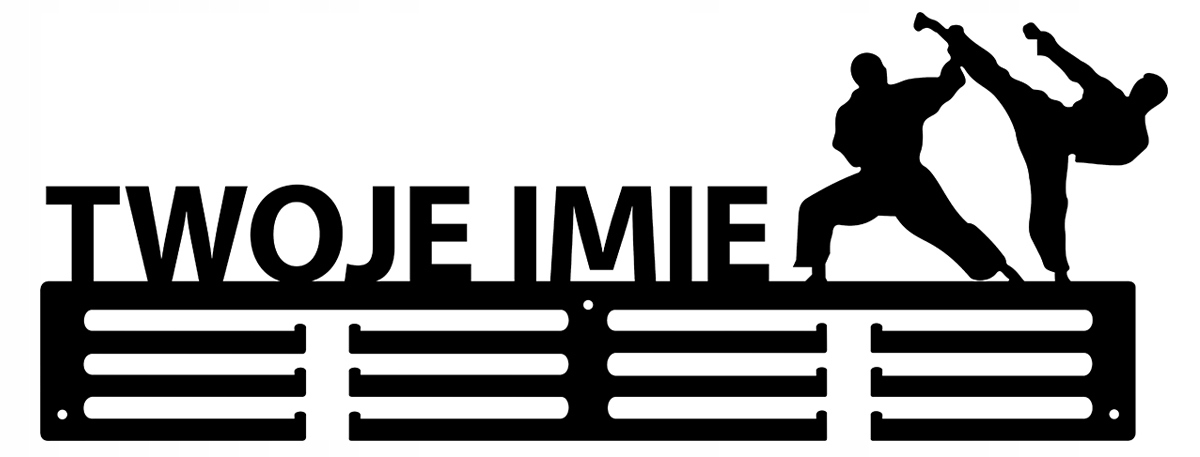 Věšák držák na medaile háček Jméno libovolné nápis logo Černý Karate