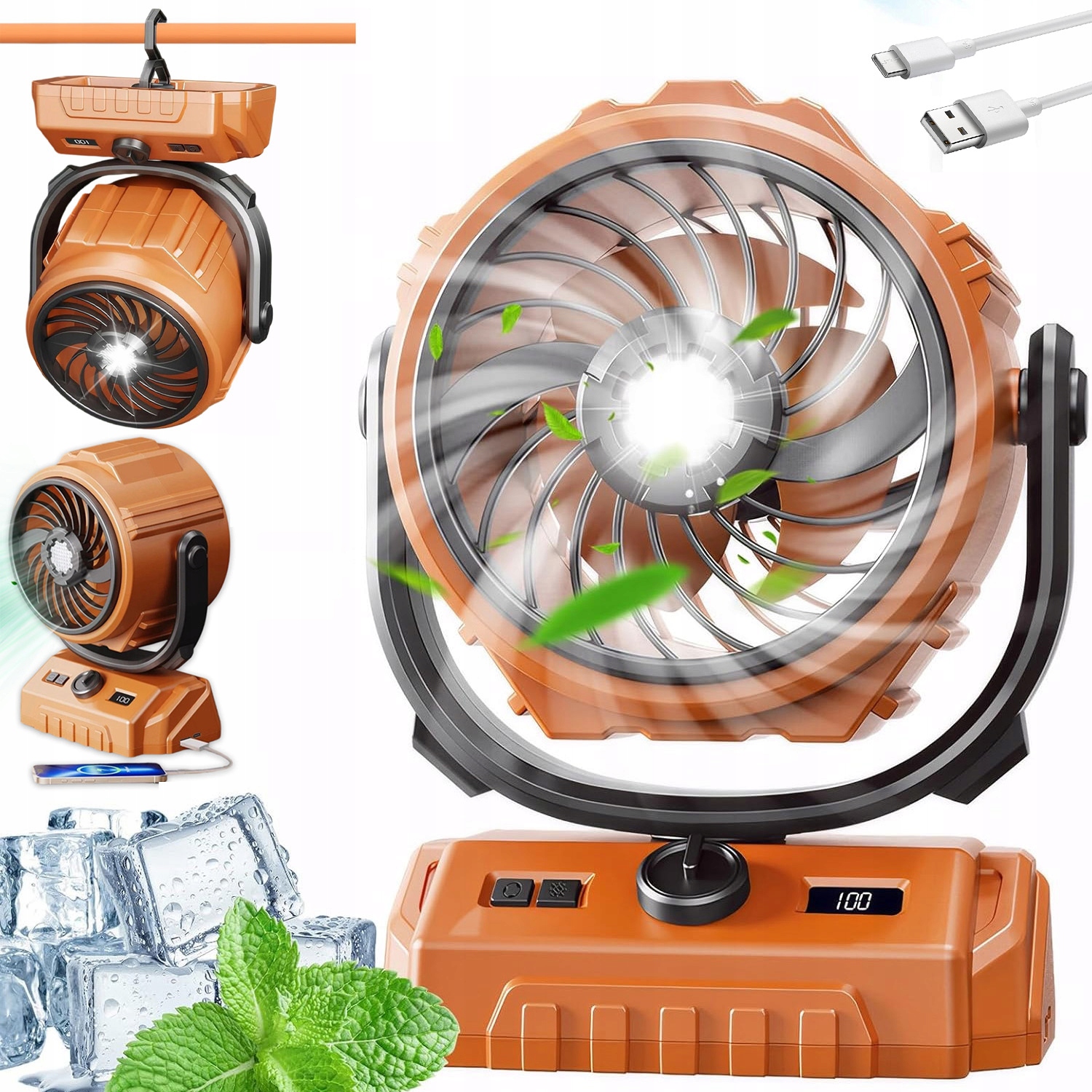 Kempingový Ventilátor S Powerbankou, 100 Úrovní Rychlosti, Led Lampa Oranžová