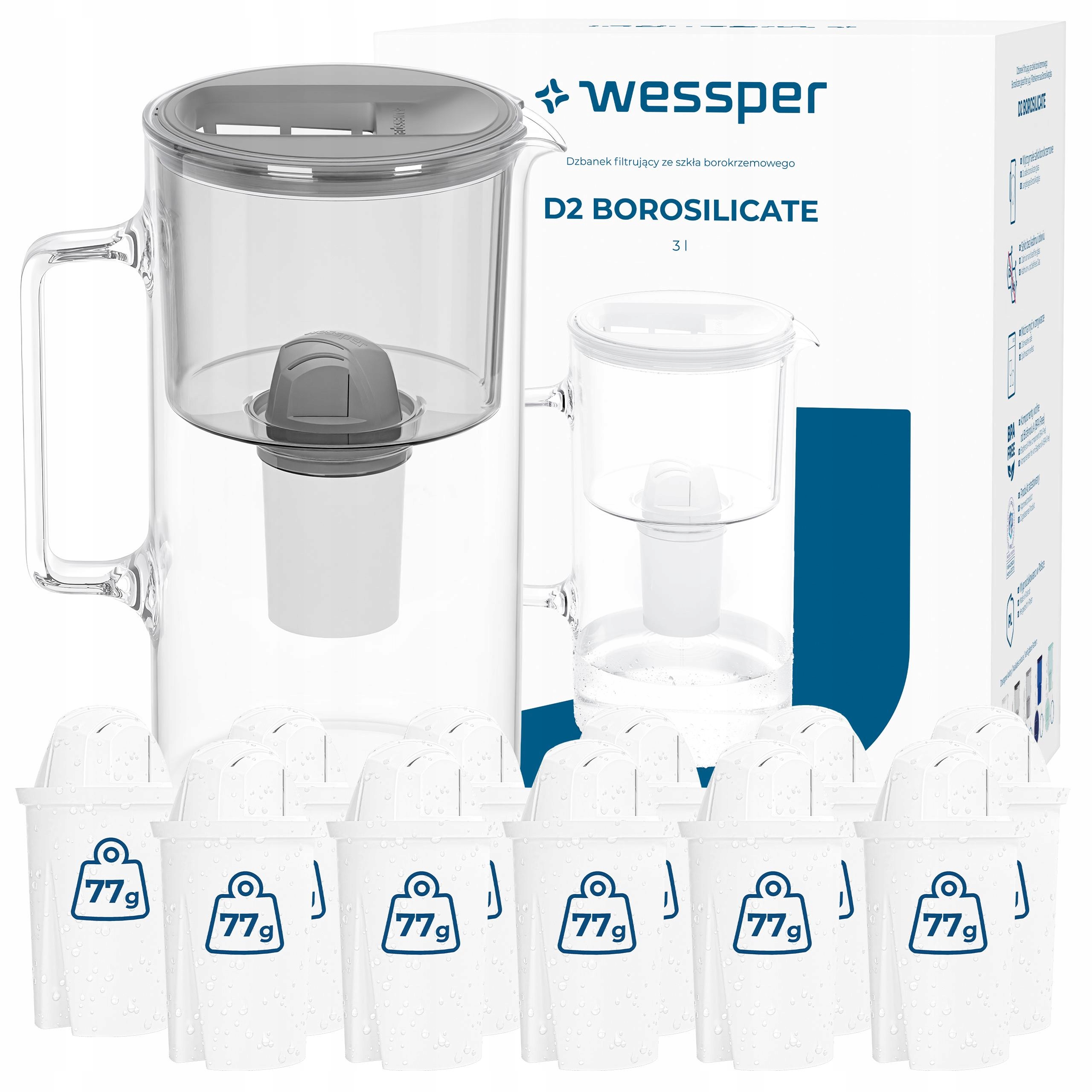 Filtrační konvice skleněná Wessper D2 Borosilicate 3 l 12 x filtr na vodu