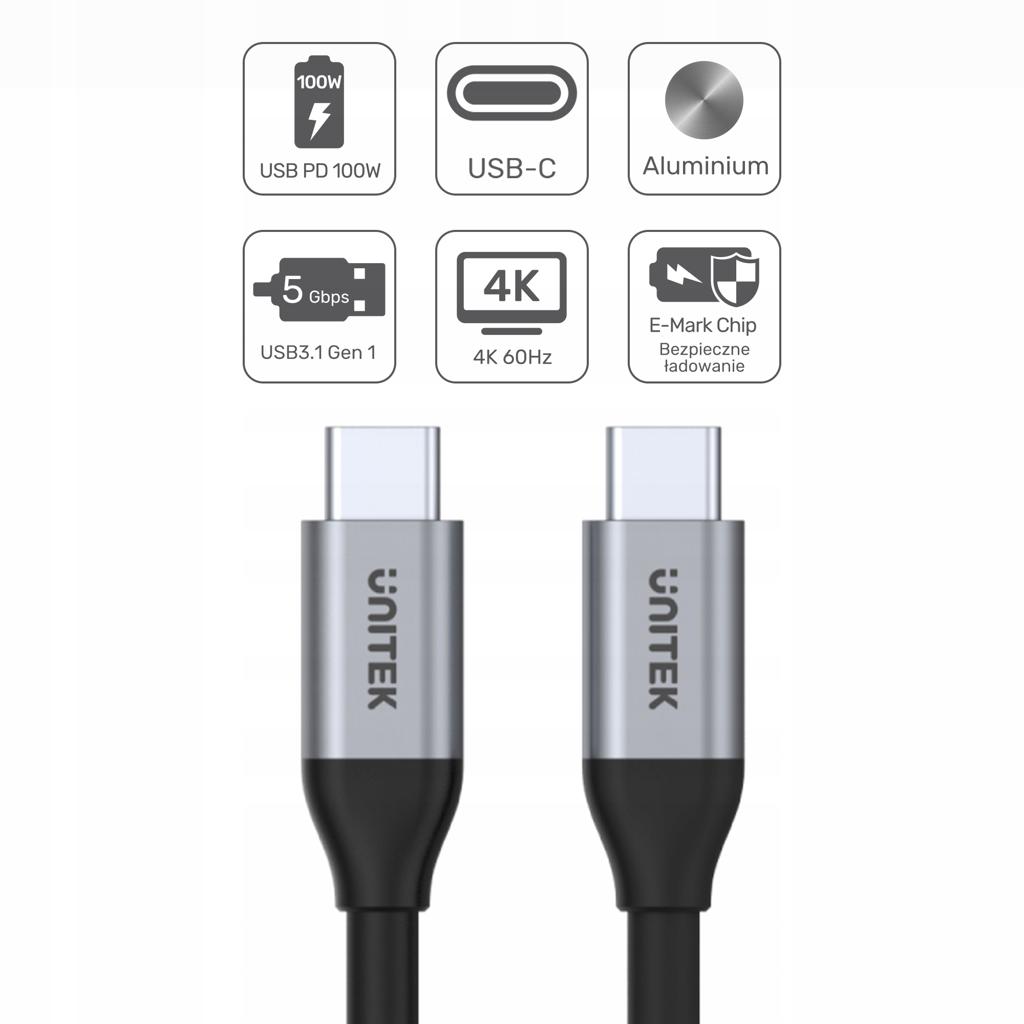 UNITEK KABEL USB-C 3.1 gen1 4K 60Hz QC PD 100W 2m Marka Unitek