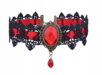 

Mega Choker czerwony, cyrkonia, koronka, materiał
