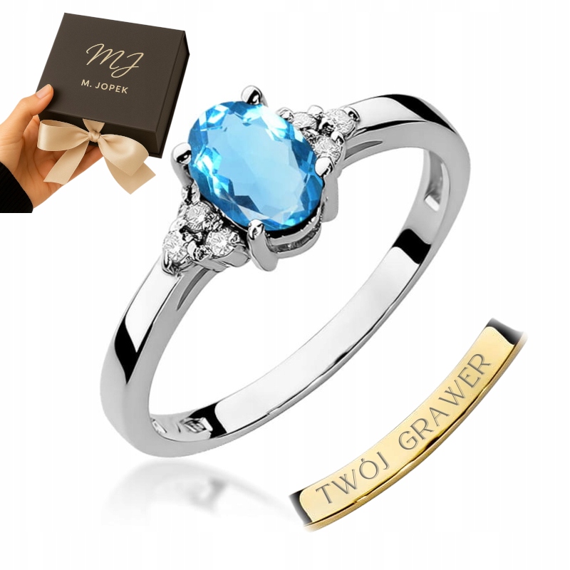 Prstýnek Bílé Zlato 585 S Topazem 0,90 ct S Diamanty Gravírování