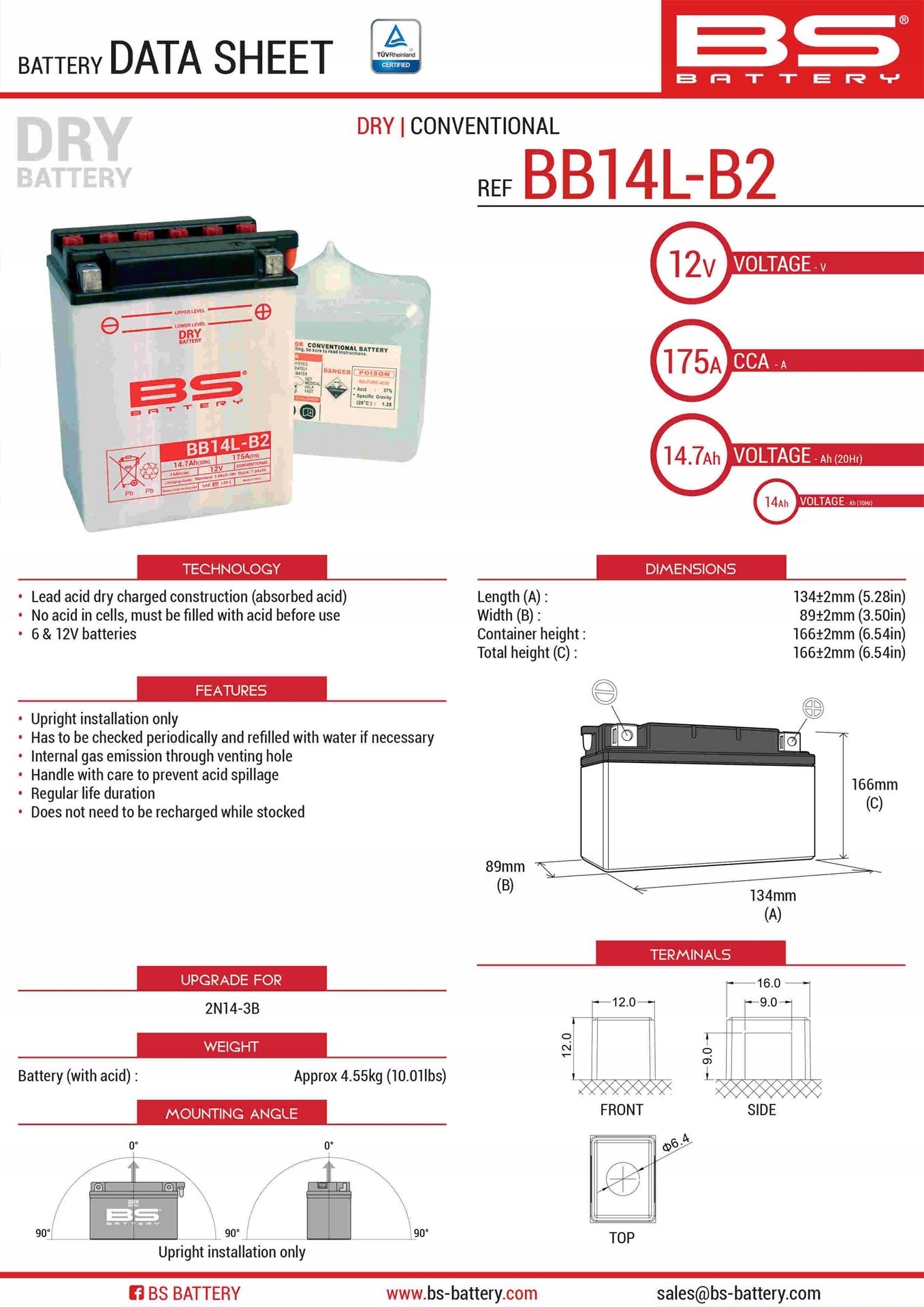 Bs Batéria BB14L-B2 (YB14L-B2) 12V 14AH 134X88X166 Podporovaná Elektroly