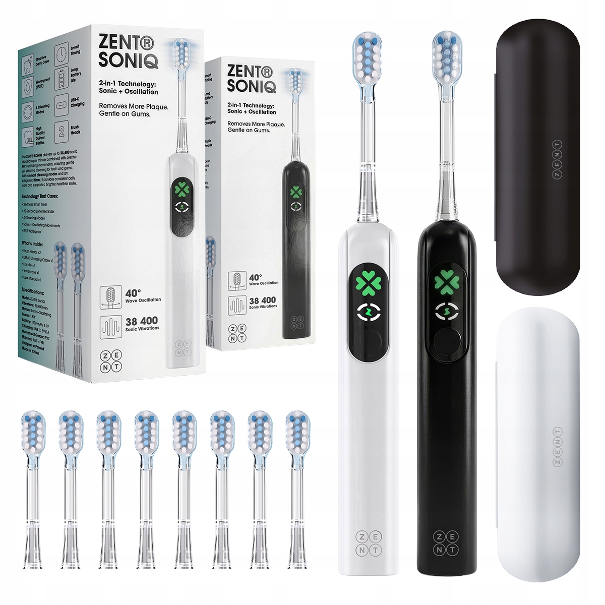 Zestaw 2x Szczoteczka Soniczna Elektryczna Zębów Etui 8 Końcówek