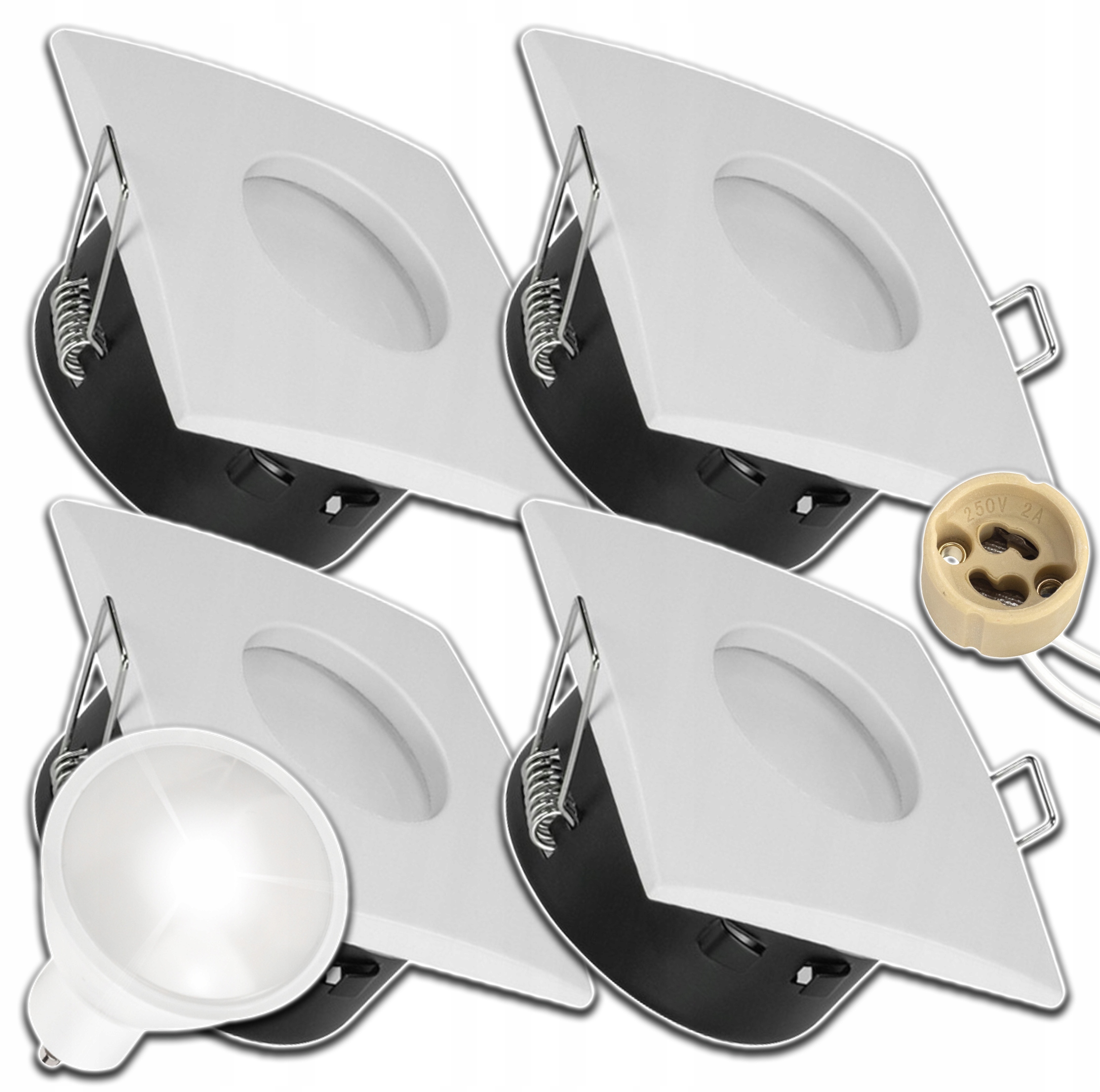 4x Čtvercová Stropní Objímka Bílá IP64 Hermetická+žárovka GU10 4000K