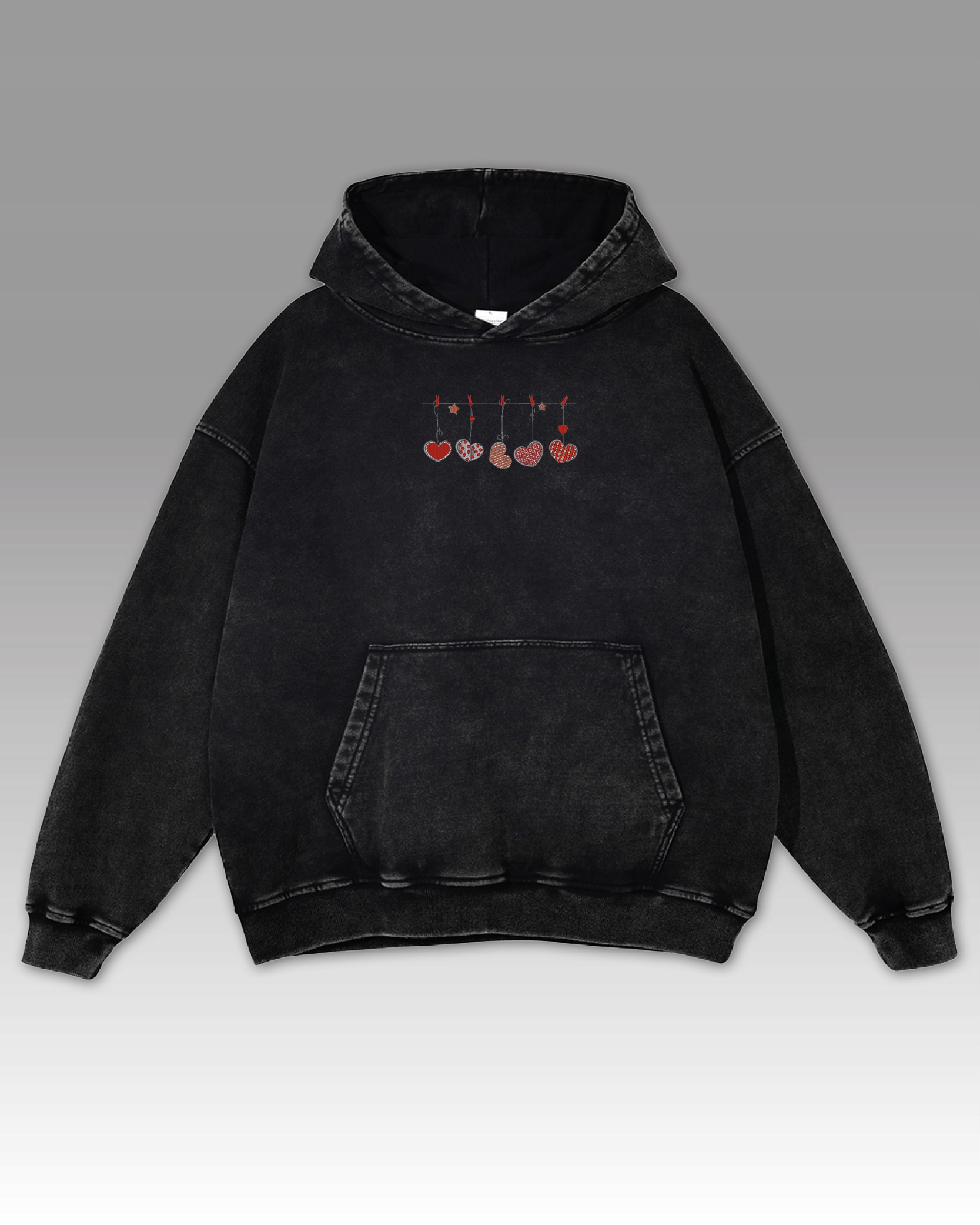 Mikina Vyšívané srdce Oversize Efekt praní Láska Valentýn Černá XL