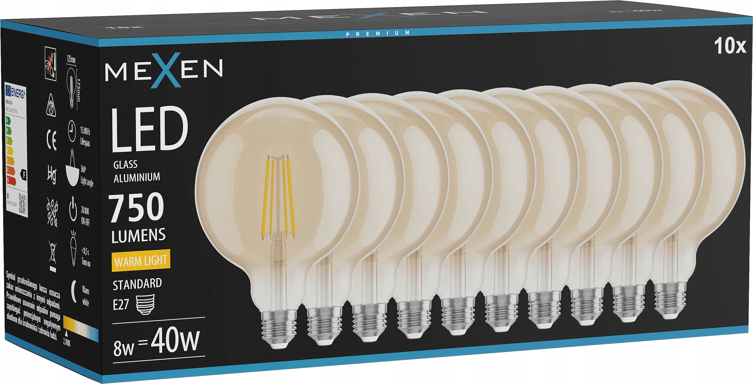 Mexen Vintis 10 ks Led filament E27 G125 8W 2700K jantar