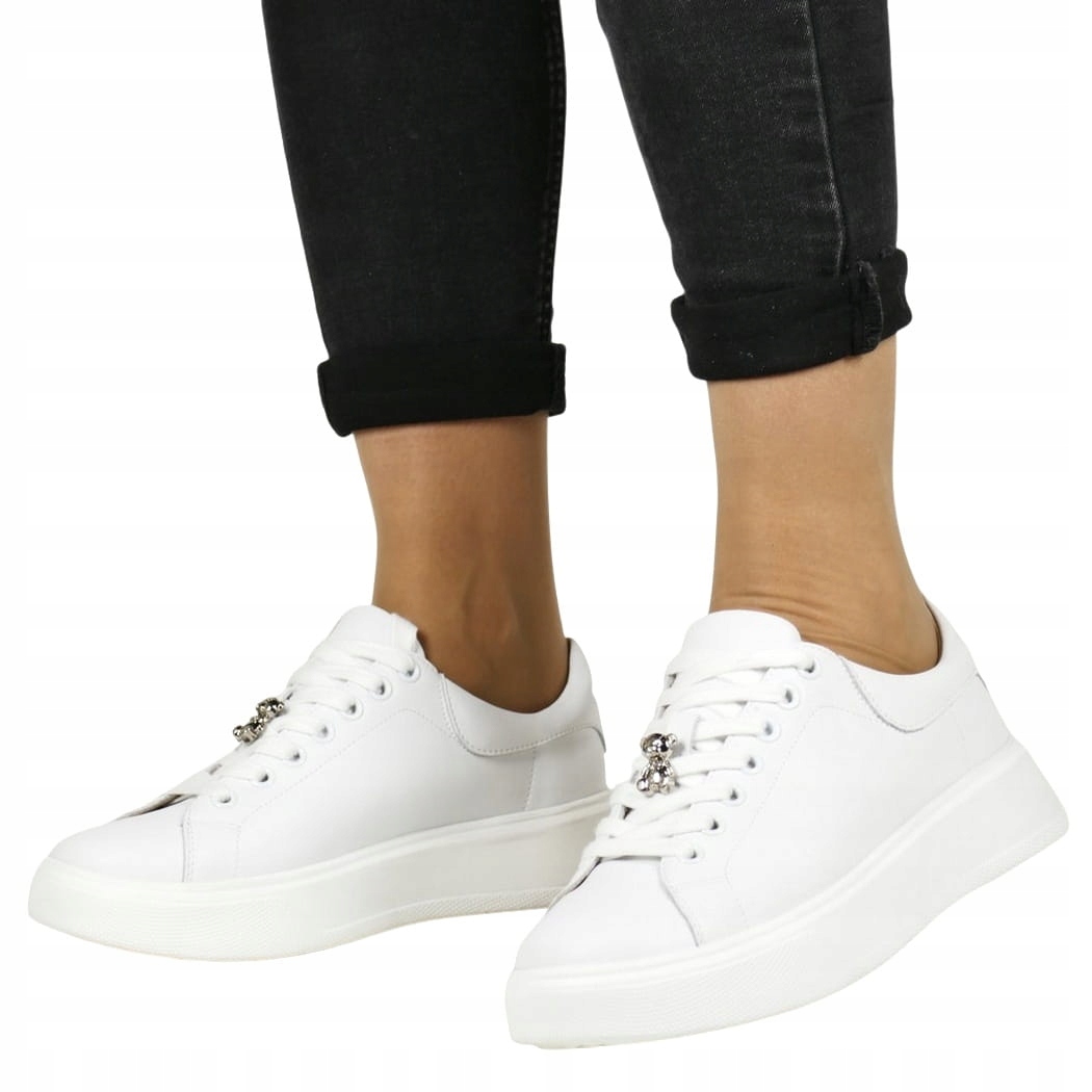 Dámské Kožené Tenisky Na Silné Podrážce, Bílá Kůže, Velikost 37
