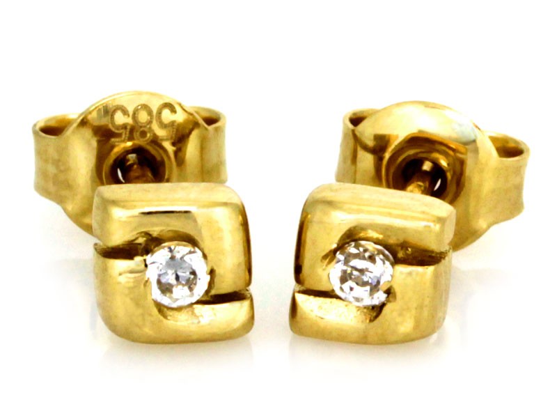 Moderní náušnice ze žlutého zlata 585 se zirkonem a zapínáním na puzetku, módní vzhled