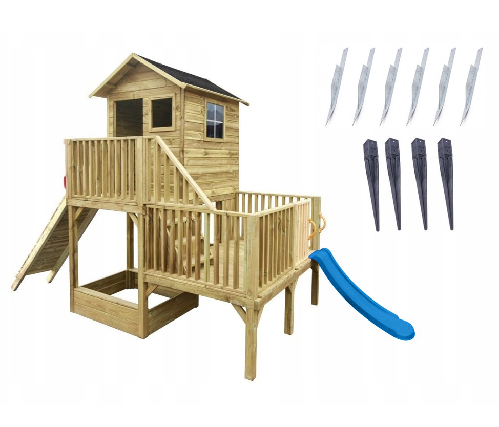 Domeček pro děti Hubert s pískovištěm Terasa s modrým skluzavkou kotvy