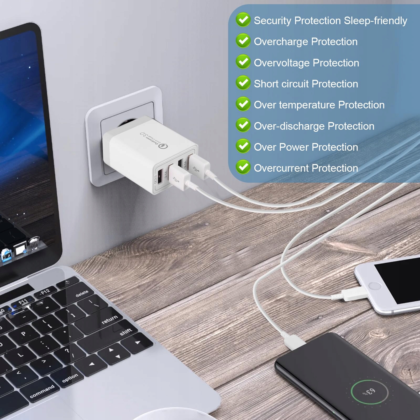UNIVERSAL Ładowarka USB 33W 4-Porty QC 3.0 Samsung iPhone iPad — miniatura 7