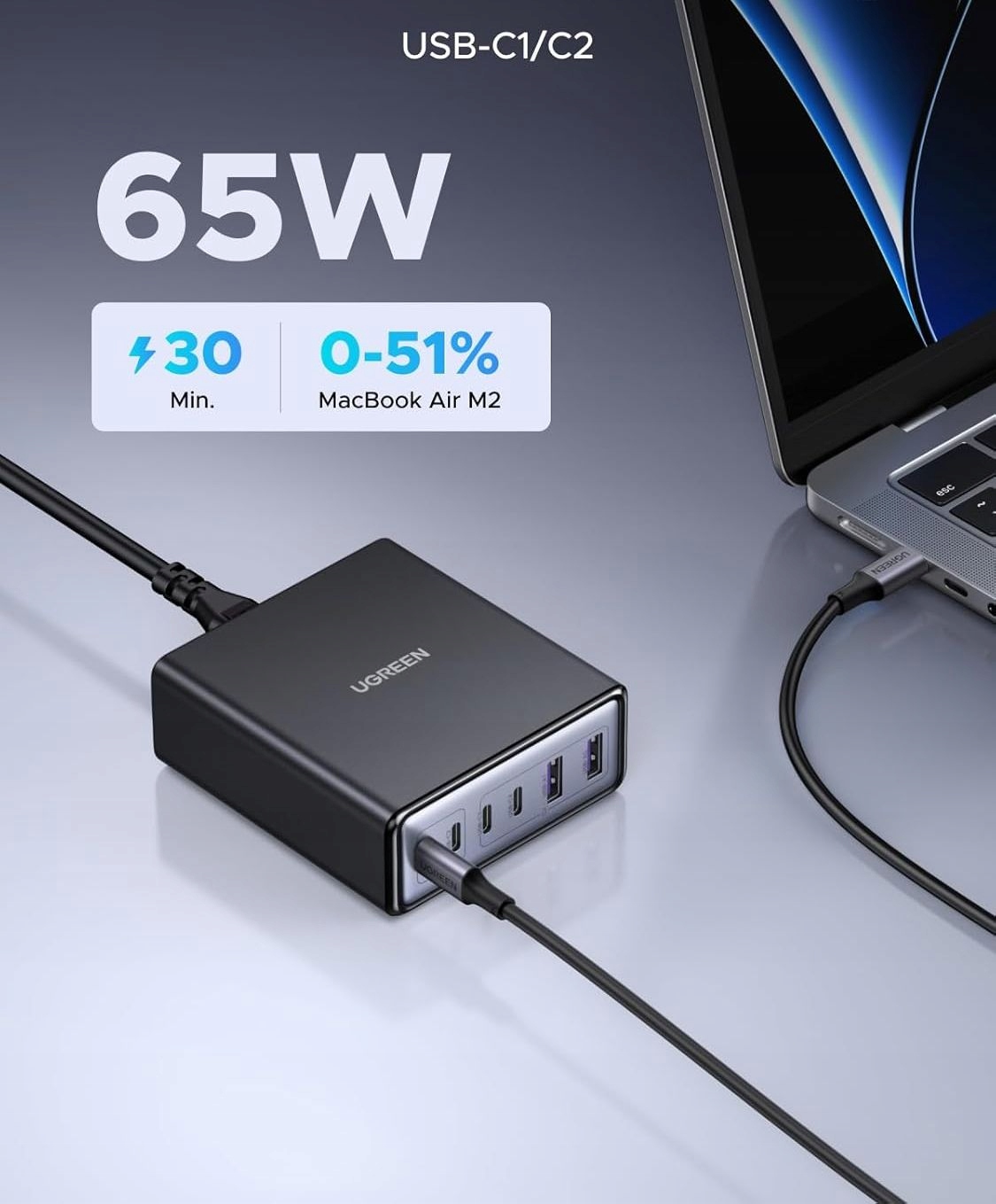 Ugreen Usb C nabíječka 100 W, 6portová nabíjecí stanice, 65 W
