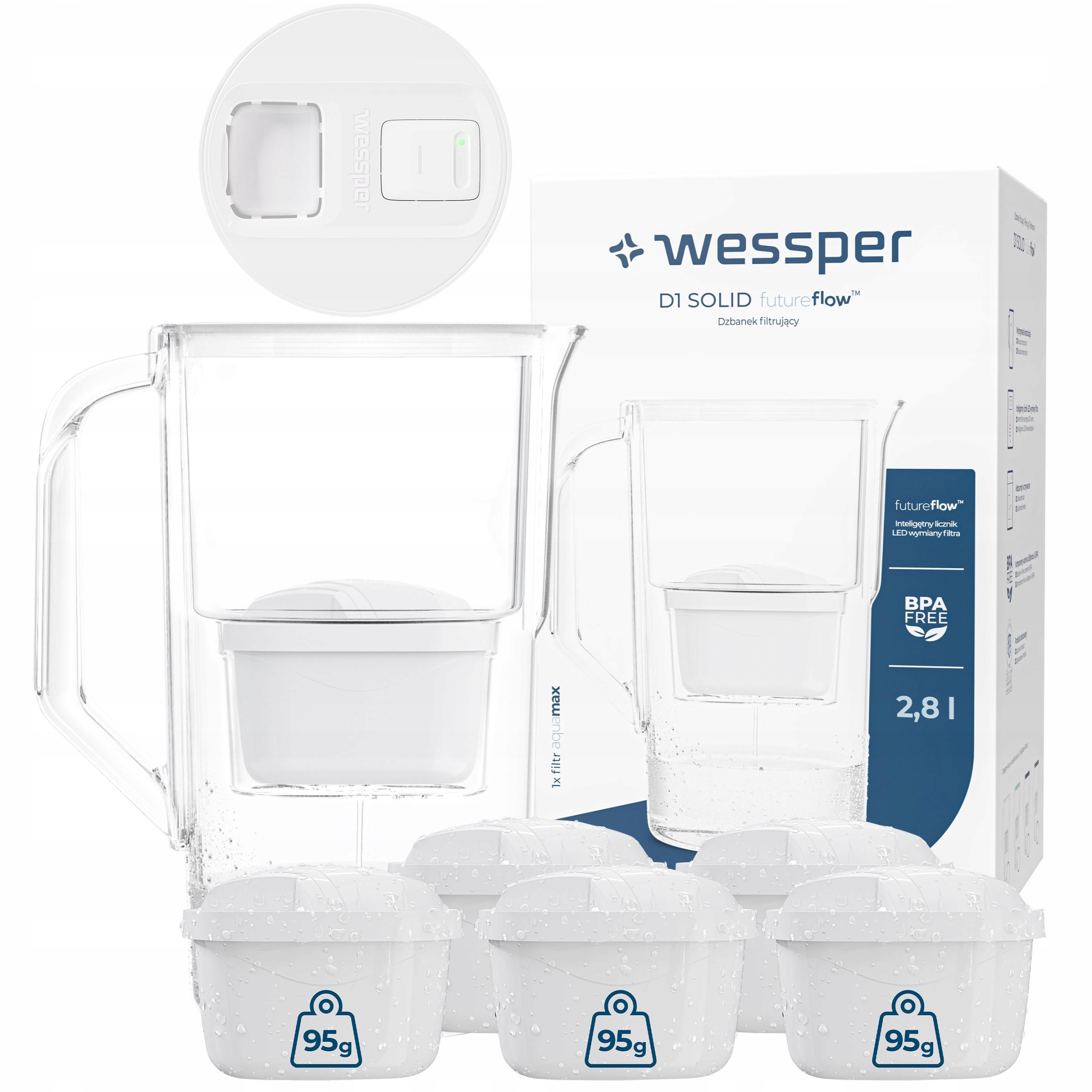 Filtrační konvice Led počítadlo vody Wessper D1 Solid 2,8 l 6 x filtr