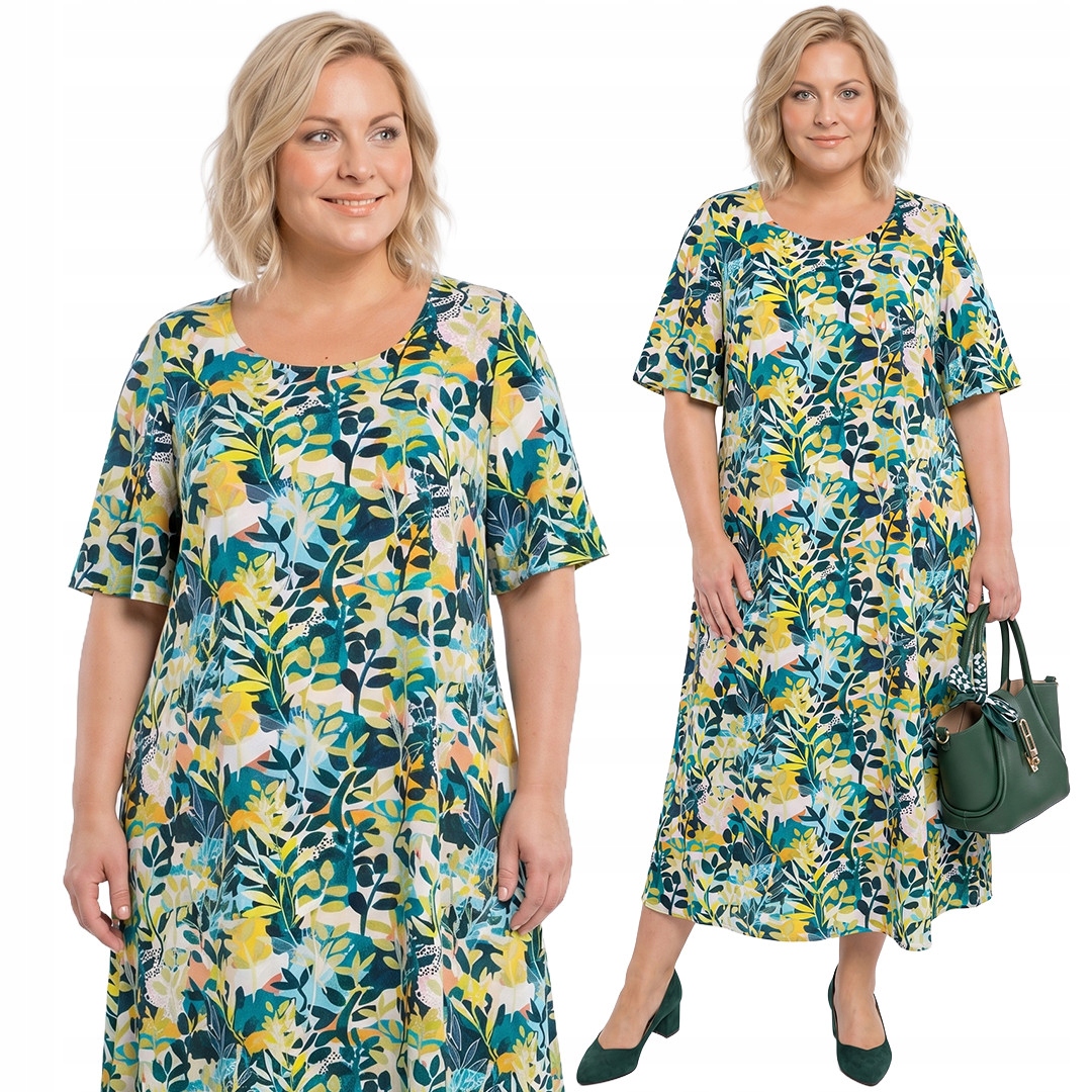 Šaty s zeleno-žlutým vzorem plus size velikost 62