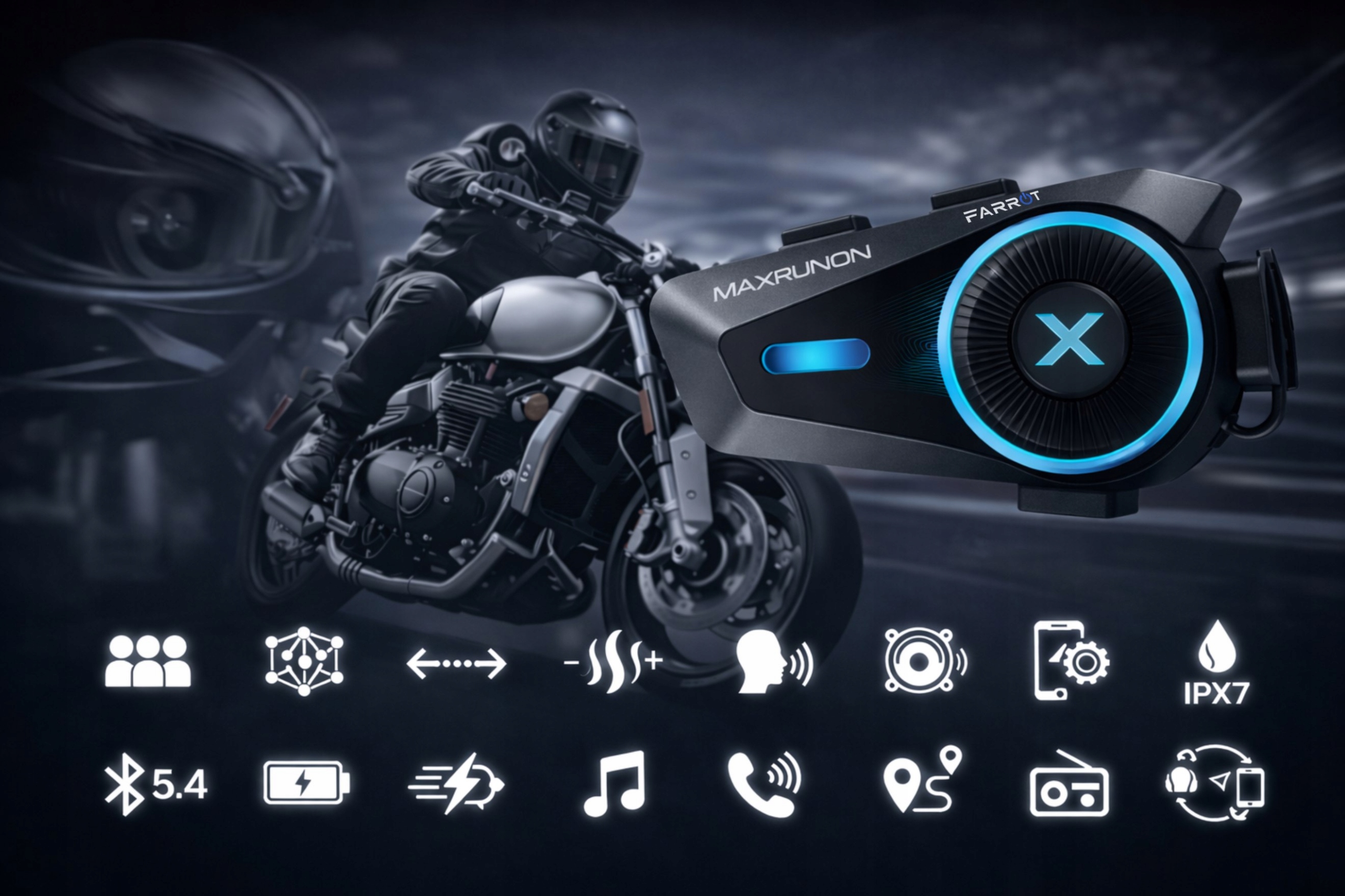 Interkom Motocyklowy Mesh 1.6km Bluetooth 5.4 IPX7 ANC 120km/h do 4 kasków