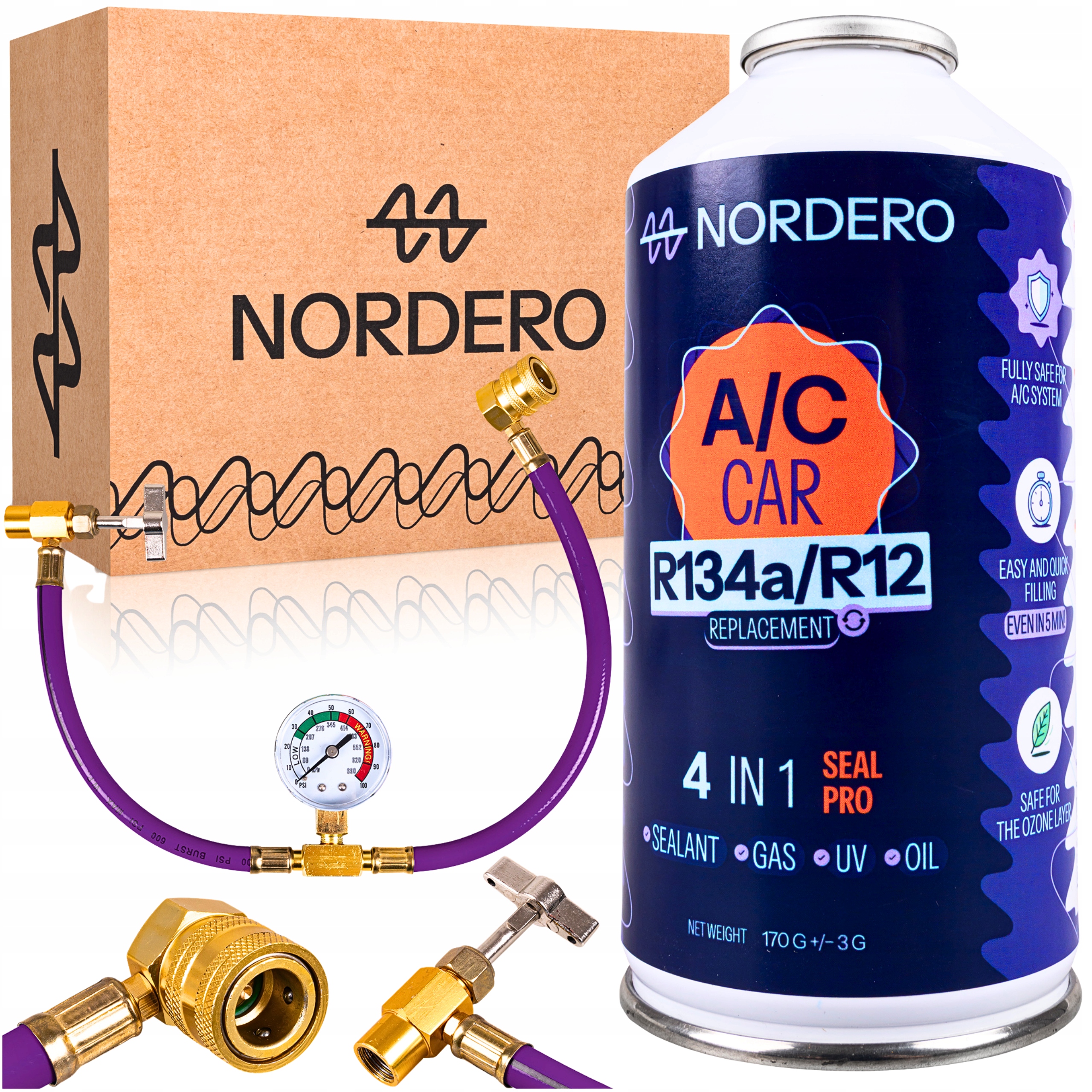 ZESTAW DO NAPEŁNIANIA KLIMATYZACJI AUT GAZ R134A + USZCZELNIACZ 4W1 CZYNNIK
