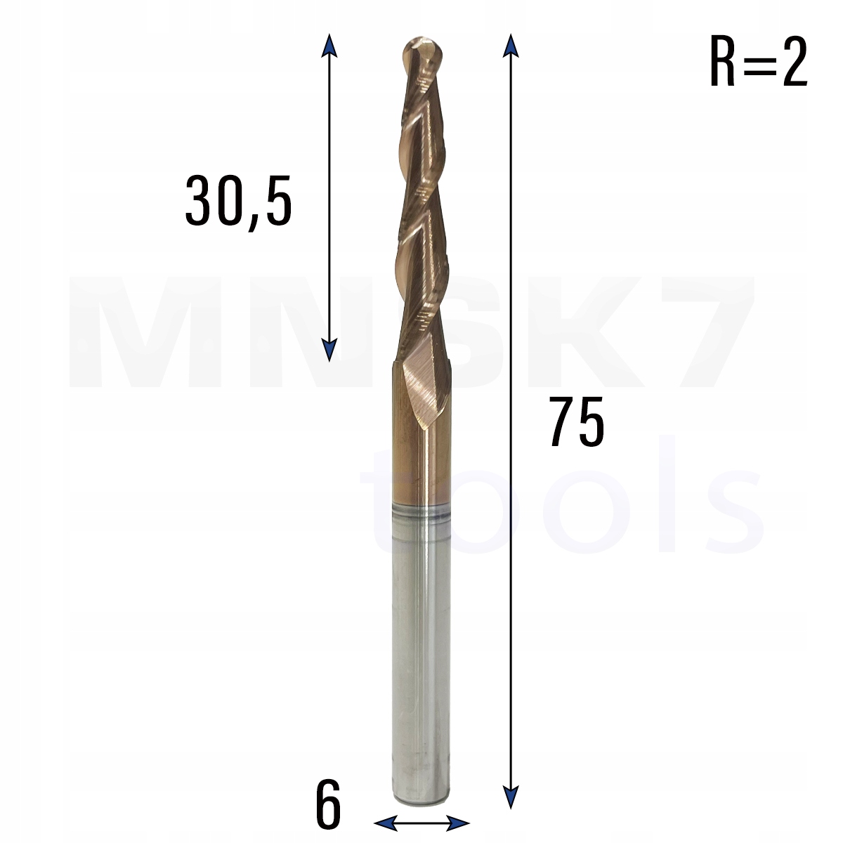 Frez stożkowy kulowy 3D 6 x 30.5 x 75 R2 HRC55 1.88°