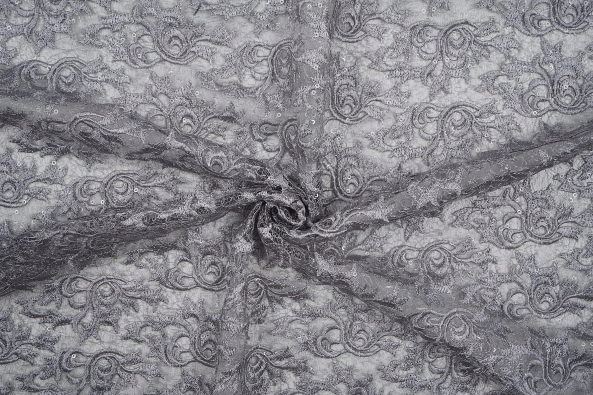 Látka Krajka Gipiura S Flitry Šedá Na Šaty Aplikace